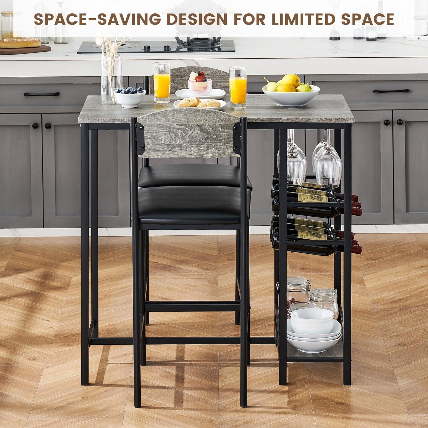 Bar Table Set for 2 with Footrest, Kitchen Dining Table with 2 Upholstered Chairs, Small Space Counter Height Barstools for Counter Bar, Sturdy and Durable, Easy to Assemble, Gray