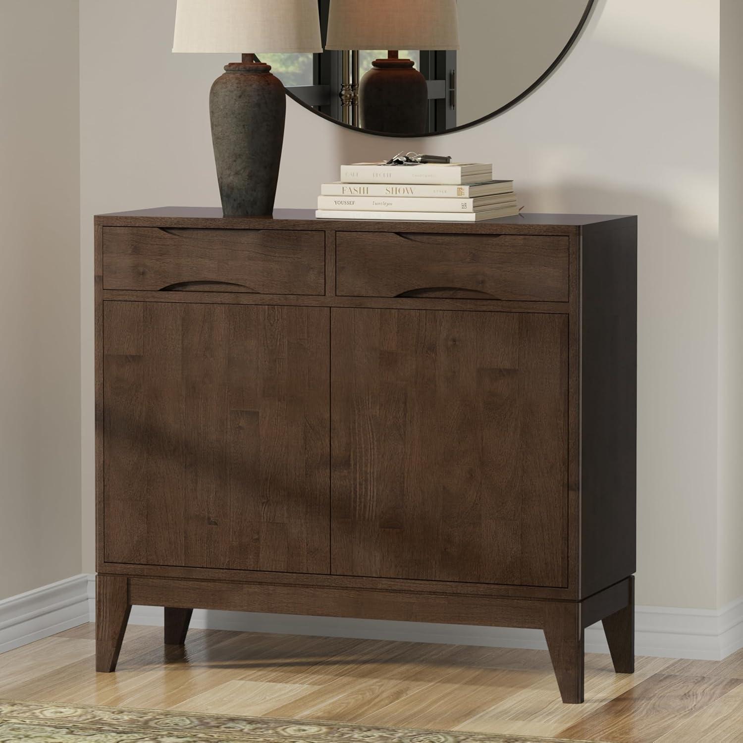 Simpli Home Harper 40"W Solid Wood 2-Shelf Mid-Century Modern Entryway Storage Cabinet with 2 Drawers