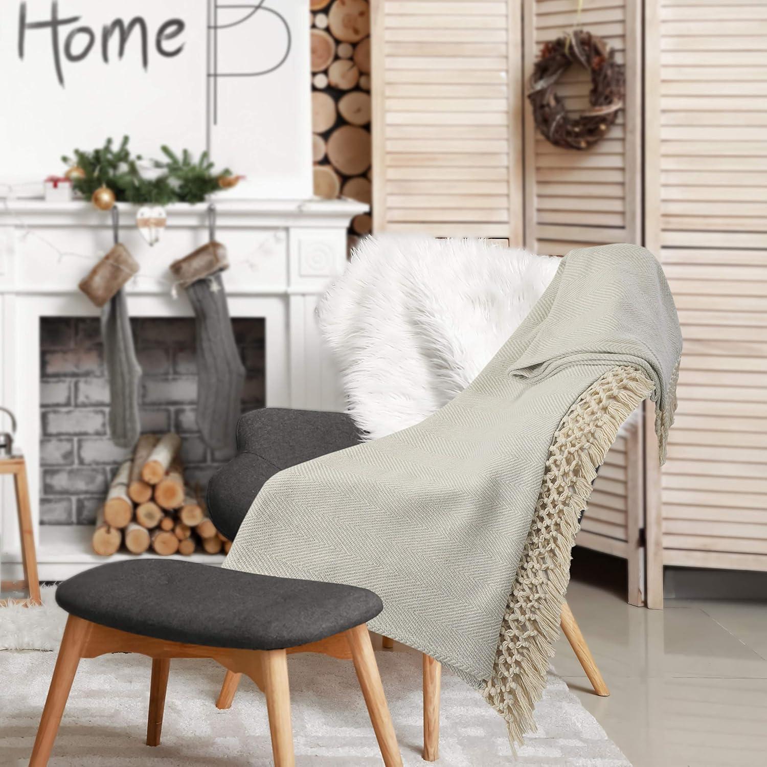 Gray Cotton Herringbone Throw Blanket with Fringe