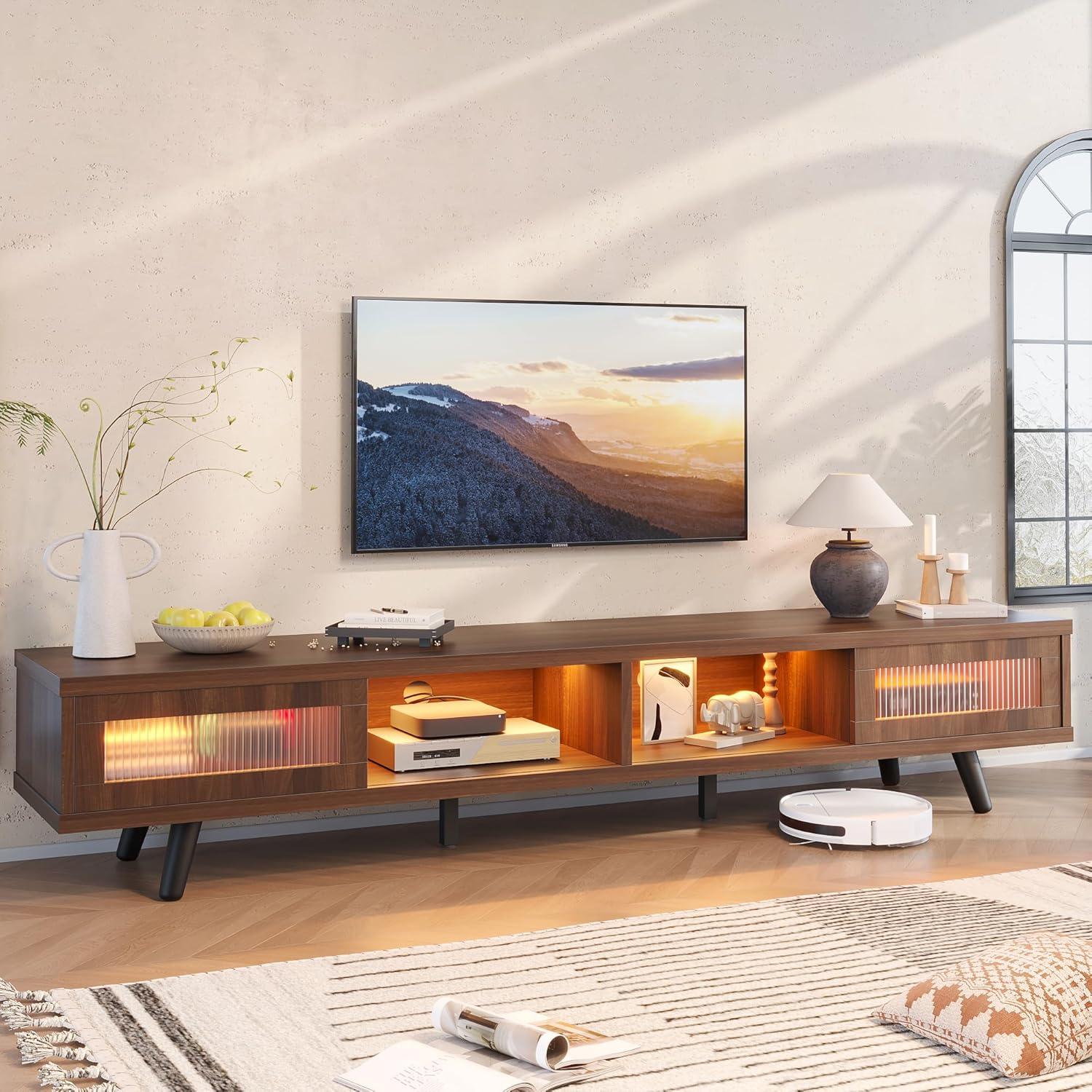 Ancona Walnut Mid Century Modern TV Stand with LED Lights