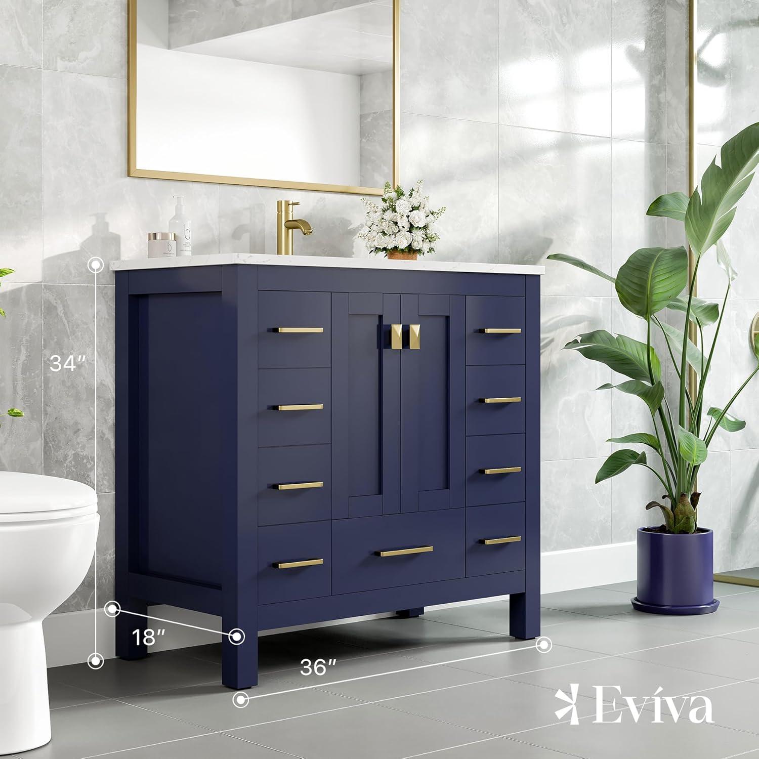 Eviva Hampton 36" Gray Transitional Bathroom Vanity w/ White Carrara Top