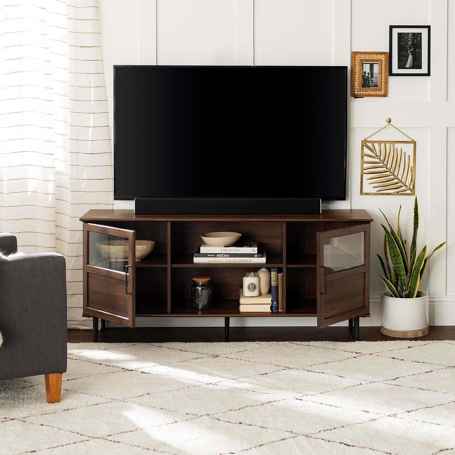 Owen 58" Glass and Wood Split Panel Door TV Console in Dark Walnut