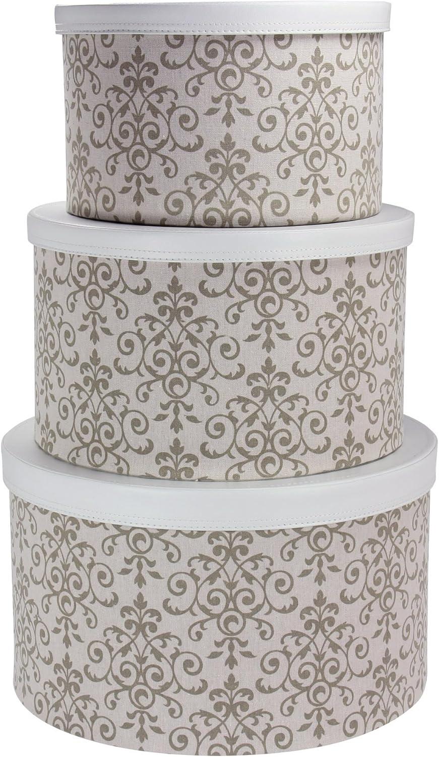 Round Hat Boxes with Lids, Vibrant Scallop Print with Faux Leather Lids, Large, Medium and Small, Stackable and Nestable, Olive and Cream