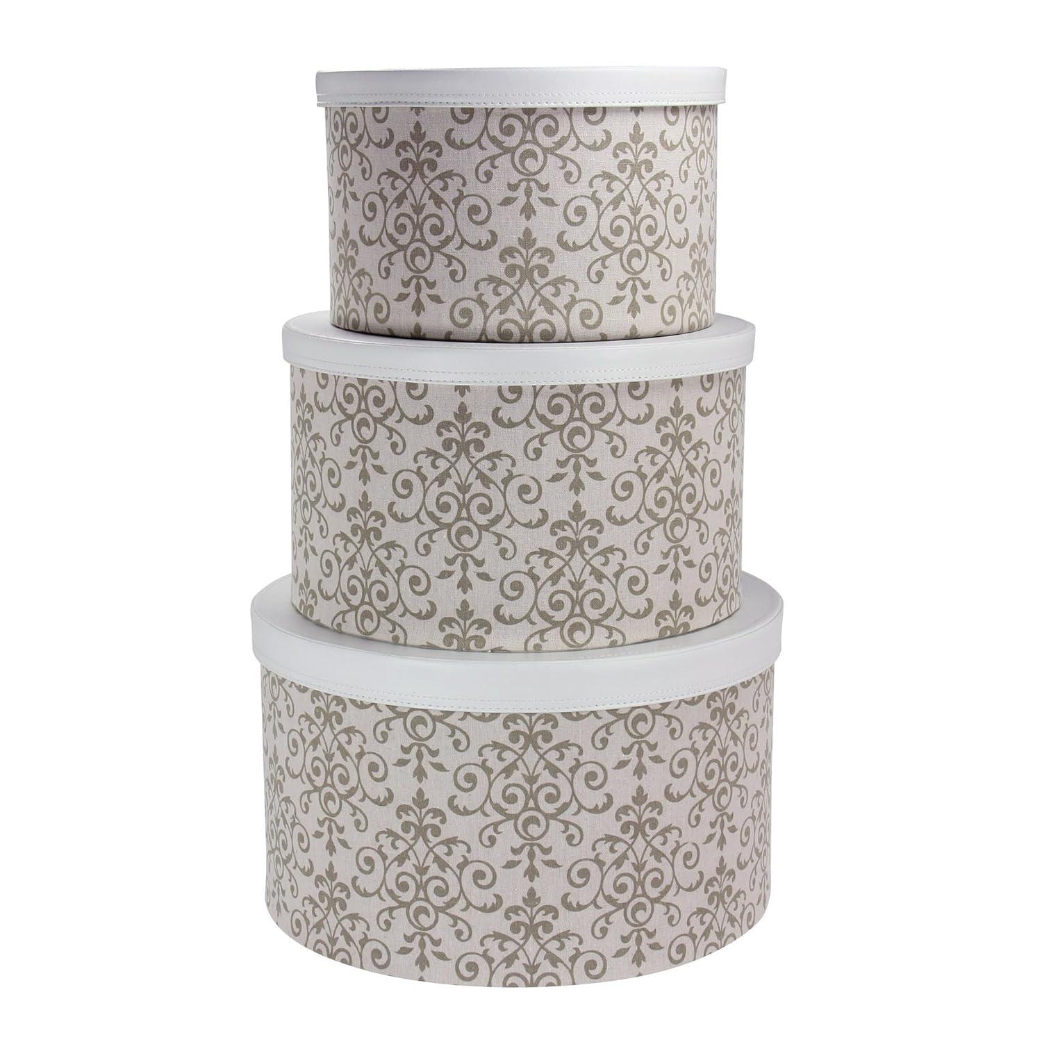Round Hat Boxes with Lids, Vibrant Scallop Print with Faux Leather Lids, Large, Medium and Small, Stackable and Nestable, Olive and Cream