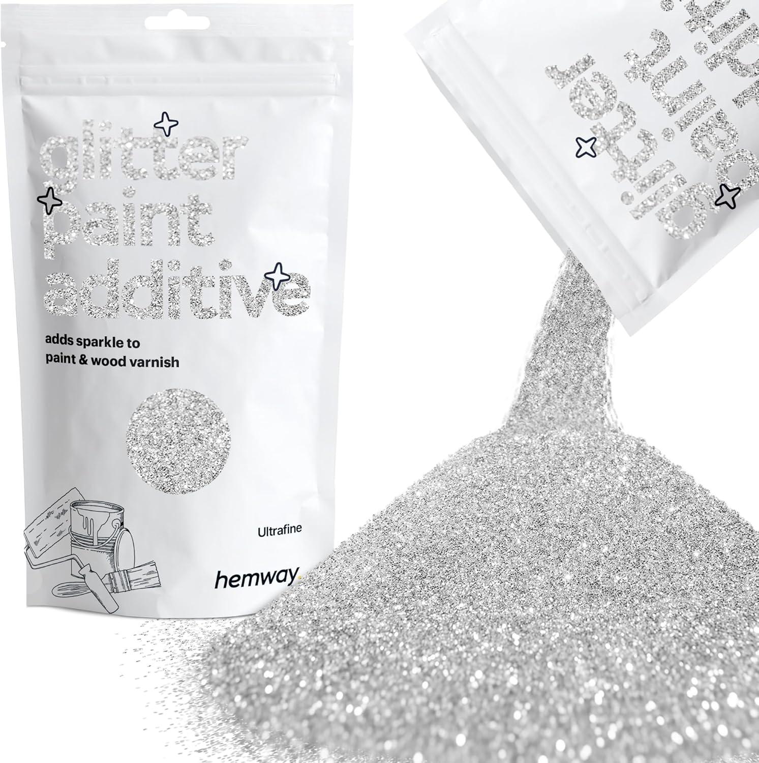 Hemway Glitter Paint Additive Crystals for Acrylic Emulsion Paint, Interior & Exterior Walls, Wood, Varnish, Matt, Gloss, Furniture 100g / 3.5oz - Ultrafine (1/128" 0.008" 0.2mm) - Silver Holographic