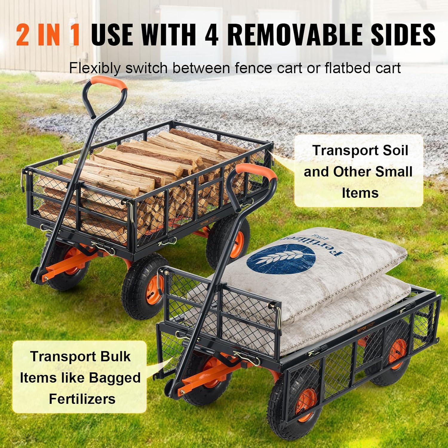 Heavy Duty Black and Orange Steel Garden Dump Cart with Adjustable Handle