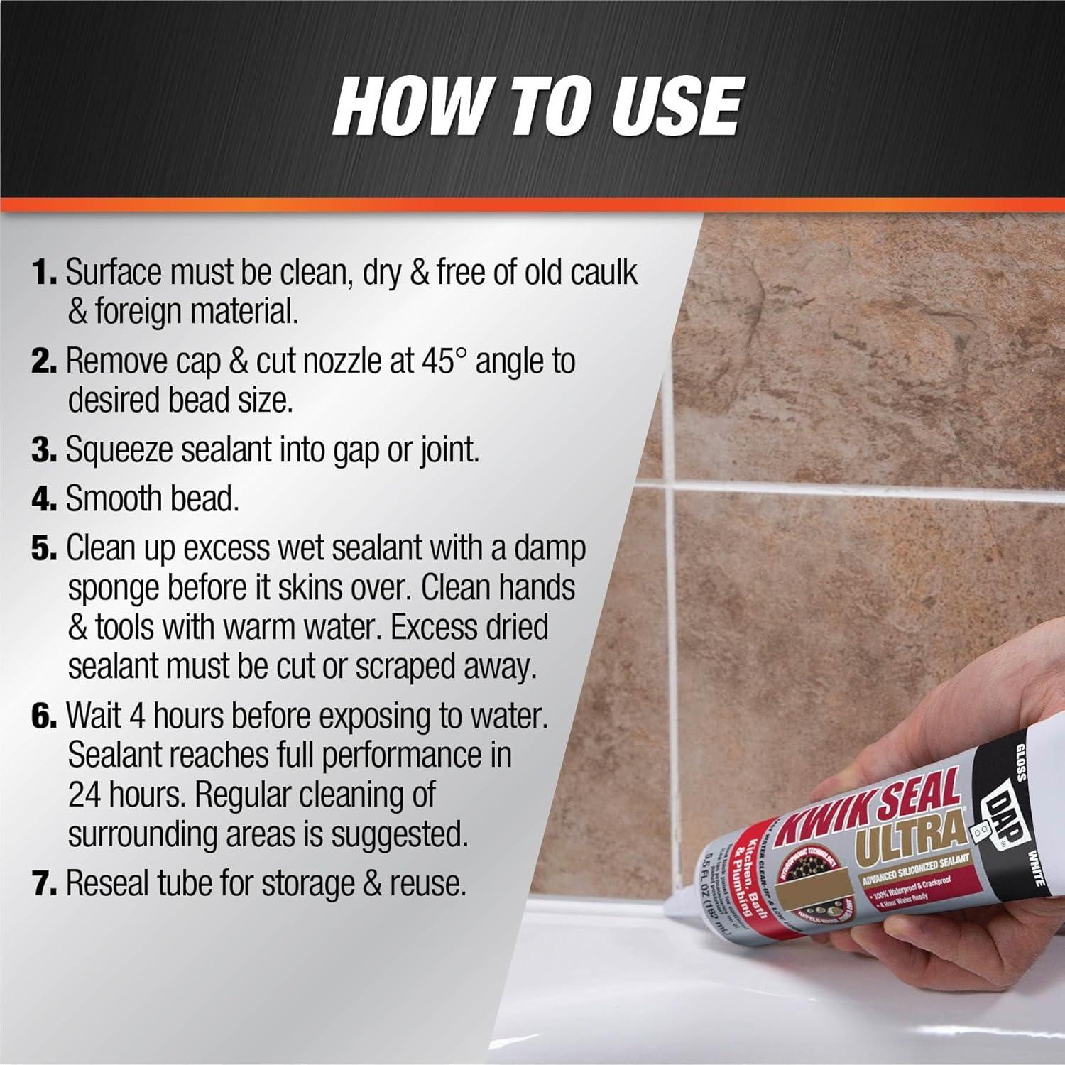 DAP Kwik Seal Ultra Premium Silicone Kitchen and Bath Caulk Sealant, 5.5 oz White