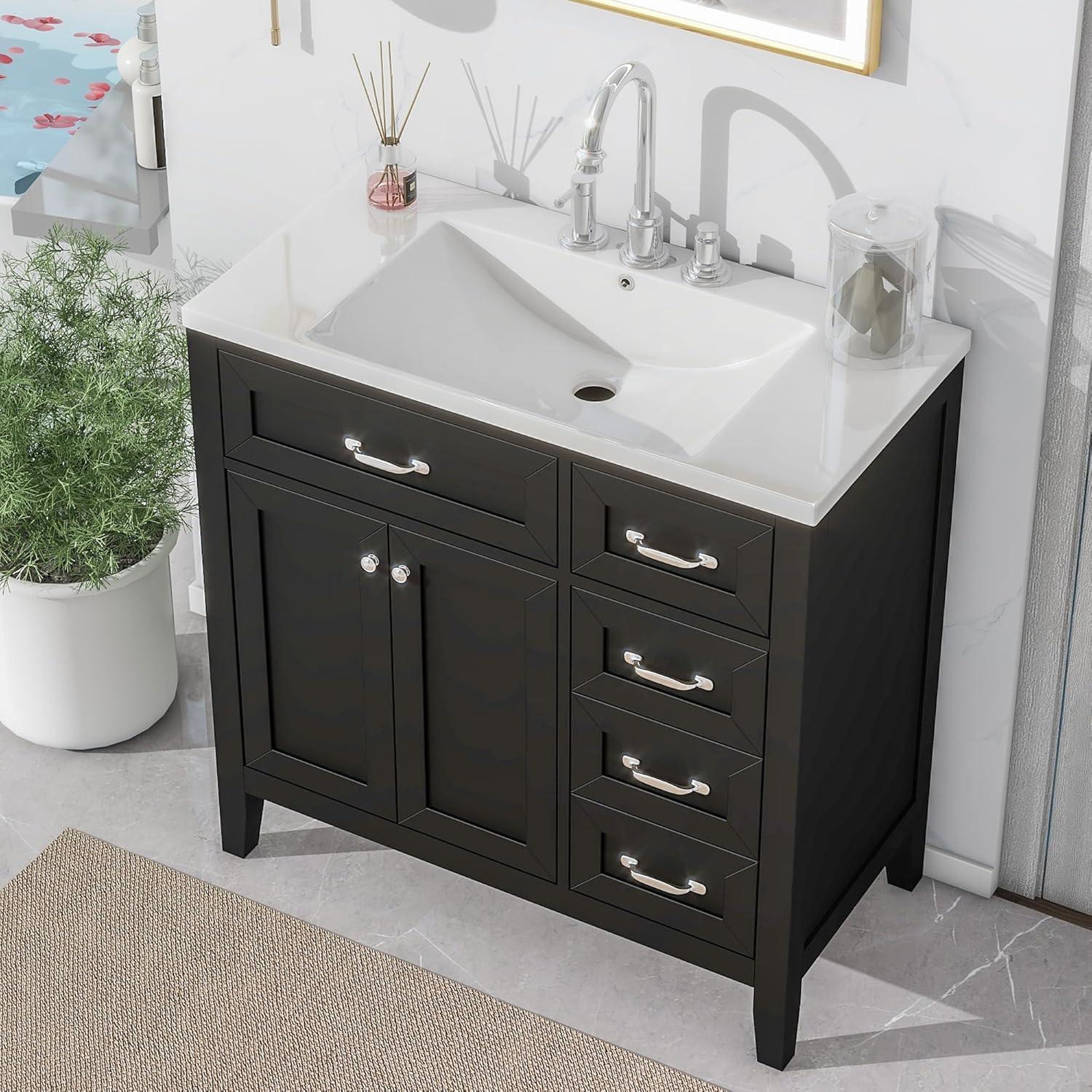 Churanty 36" Bathroom Cabinet Vanity with Sink Combo, White Bathroom Storage Cabinet with 3 Drawers and Two Doors, Solid Wood Frame and MDF Board