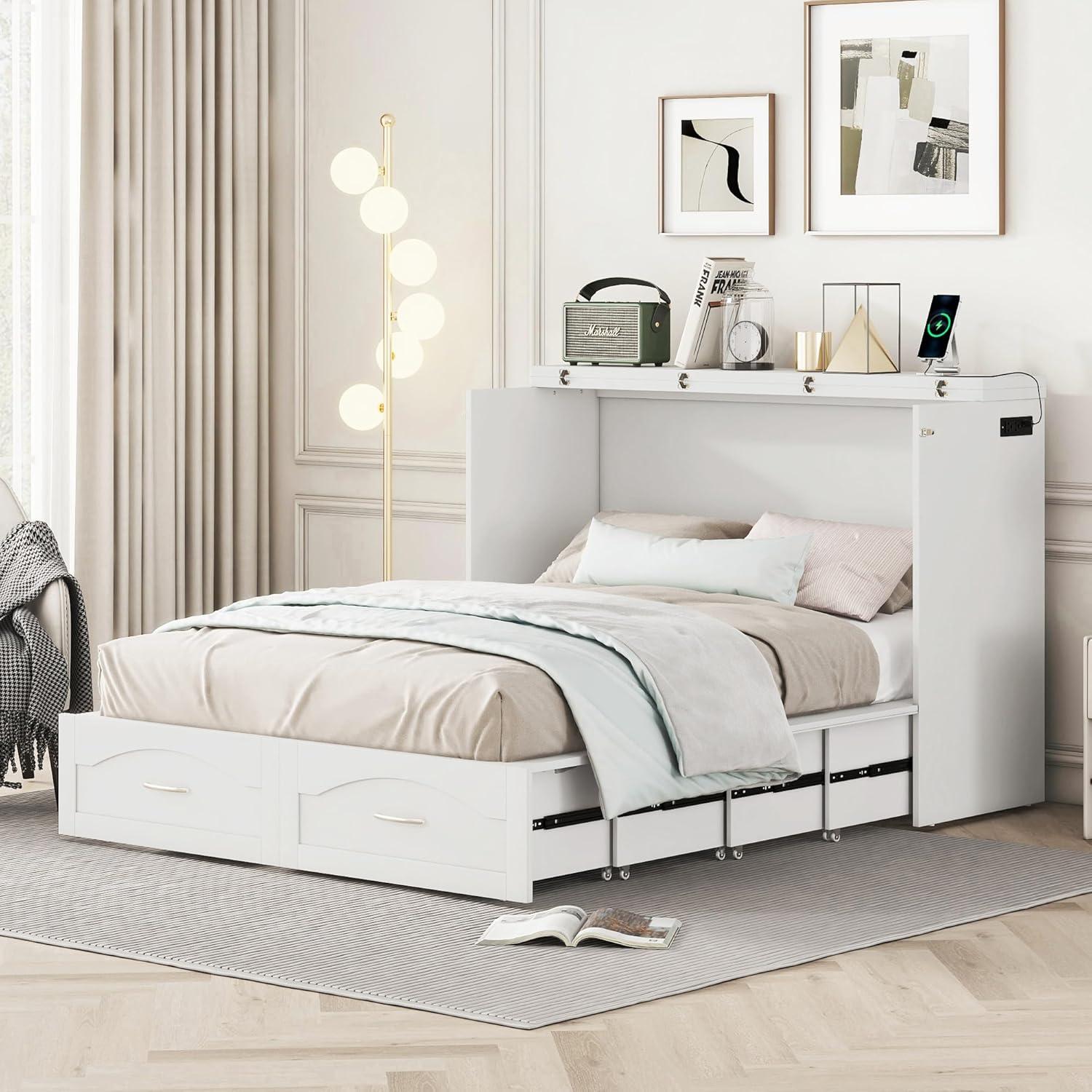 Harper & Bright Designs Full Size Murphy Bed Wall Bed with Storage Drawers, Wood Murphy Bed Chest with Sockets & USB Ports, Pulley Structure Design, White