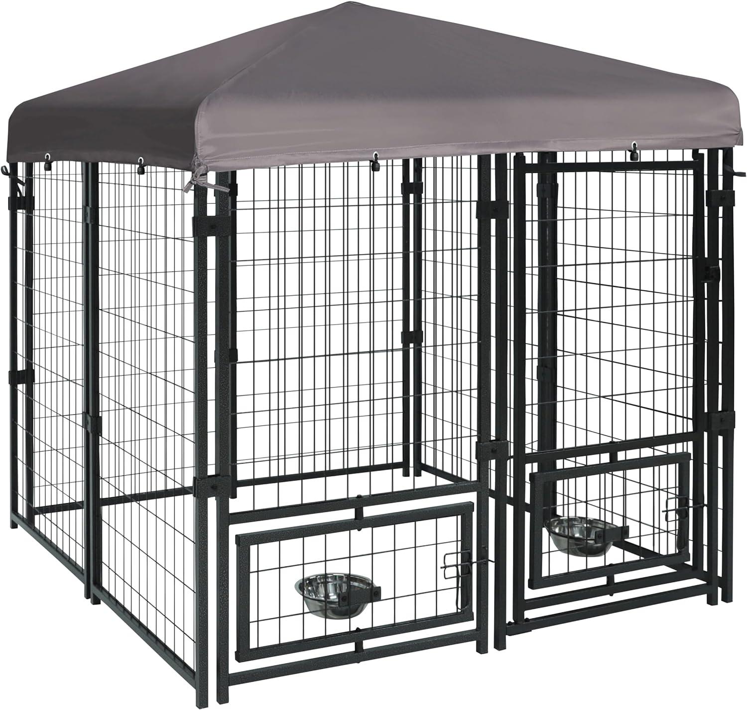 55'' Black Metal Outdoor Dog Kennel with Canopy and Feeding Door