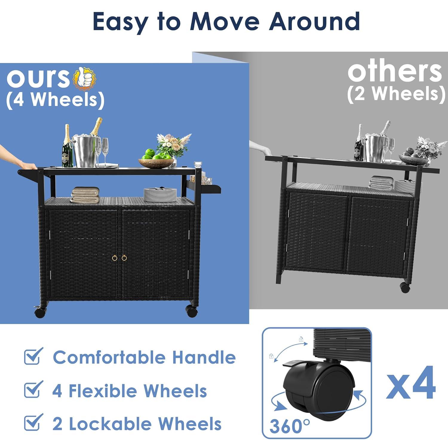 Xilingol Outdoor Bar Table, Wicker Bar Cart with Cabinet, Patio Serving Cart with Tempered Glass Top, Lockable Wheels, Rounded Handle & Side Basket for Garden, Poolside & Backyard, Black
