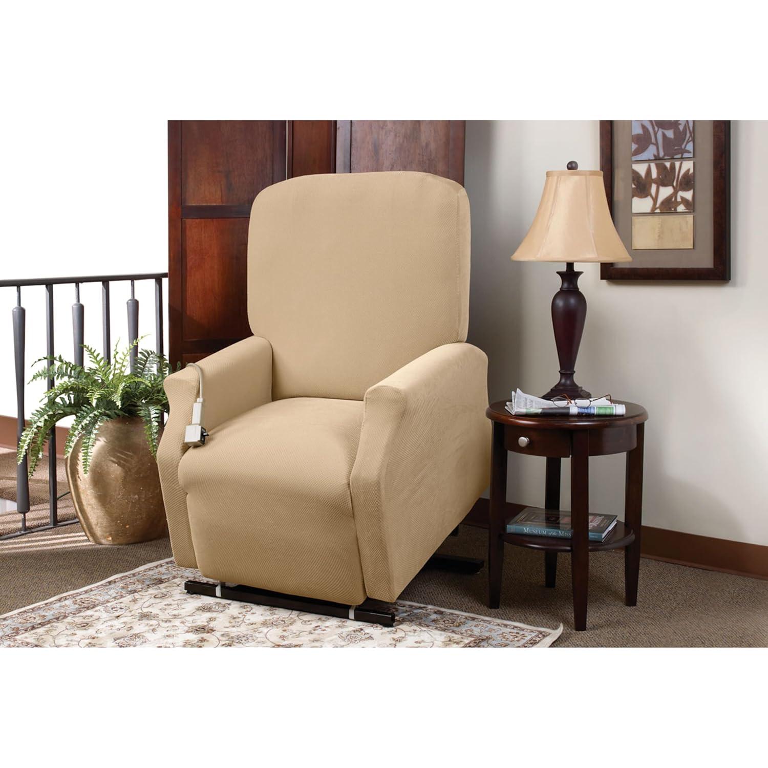 Sure Fit Home Décor Stretch Pique Box Cushion Oversized Ottoman One Piece Slipcover, Stretch Form Fit, Polyester/Spandex, Machine Washable, Cream Color