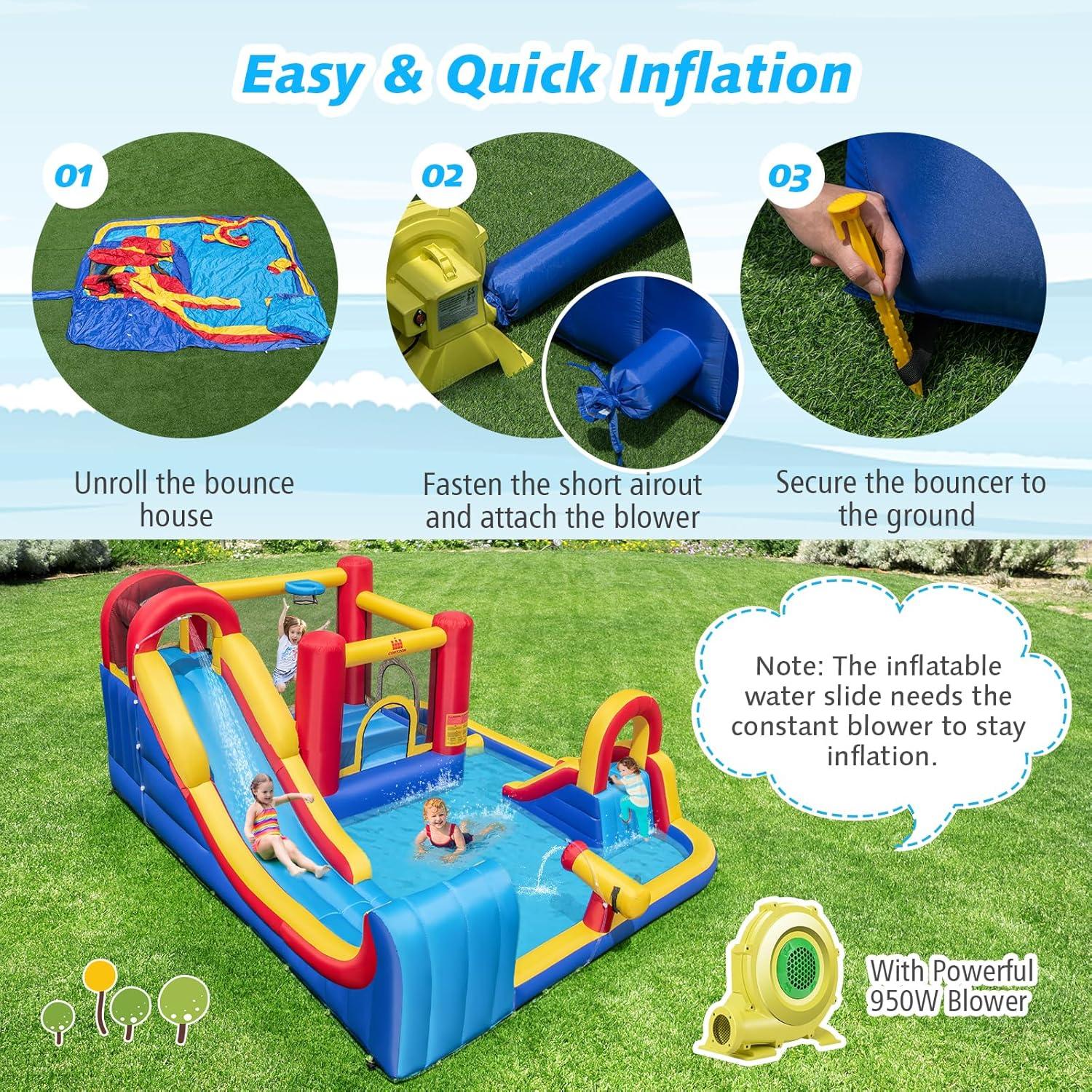 Costway Inflatable Water Slide Giant Kids Water Park w/ Double Slides & 735W Blower
