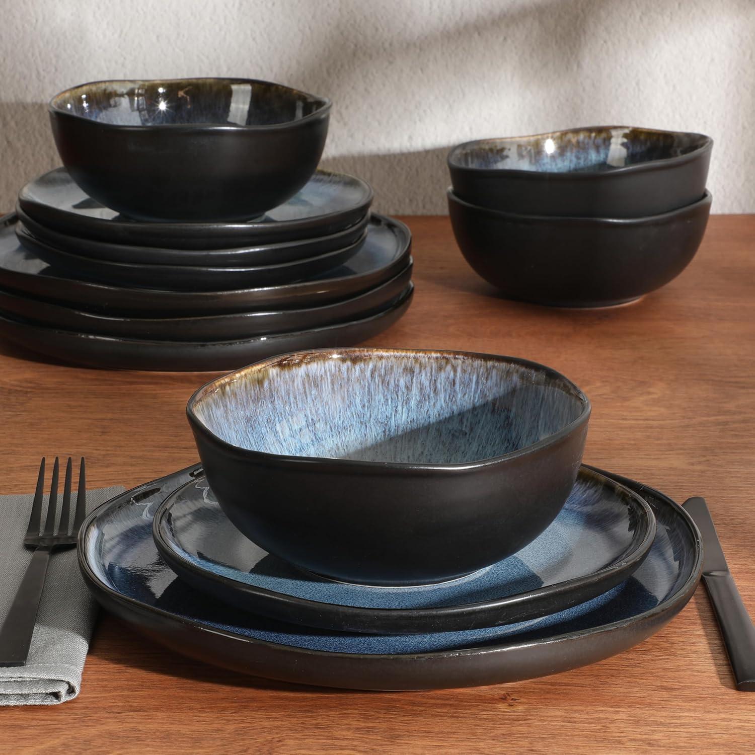 Blue and Black Ceramic 12-Piece Dinnerware Set, Service for 4