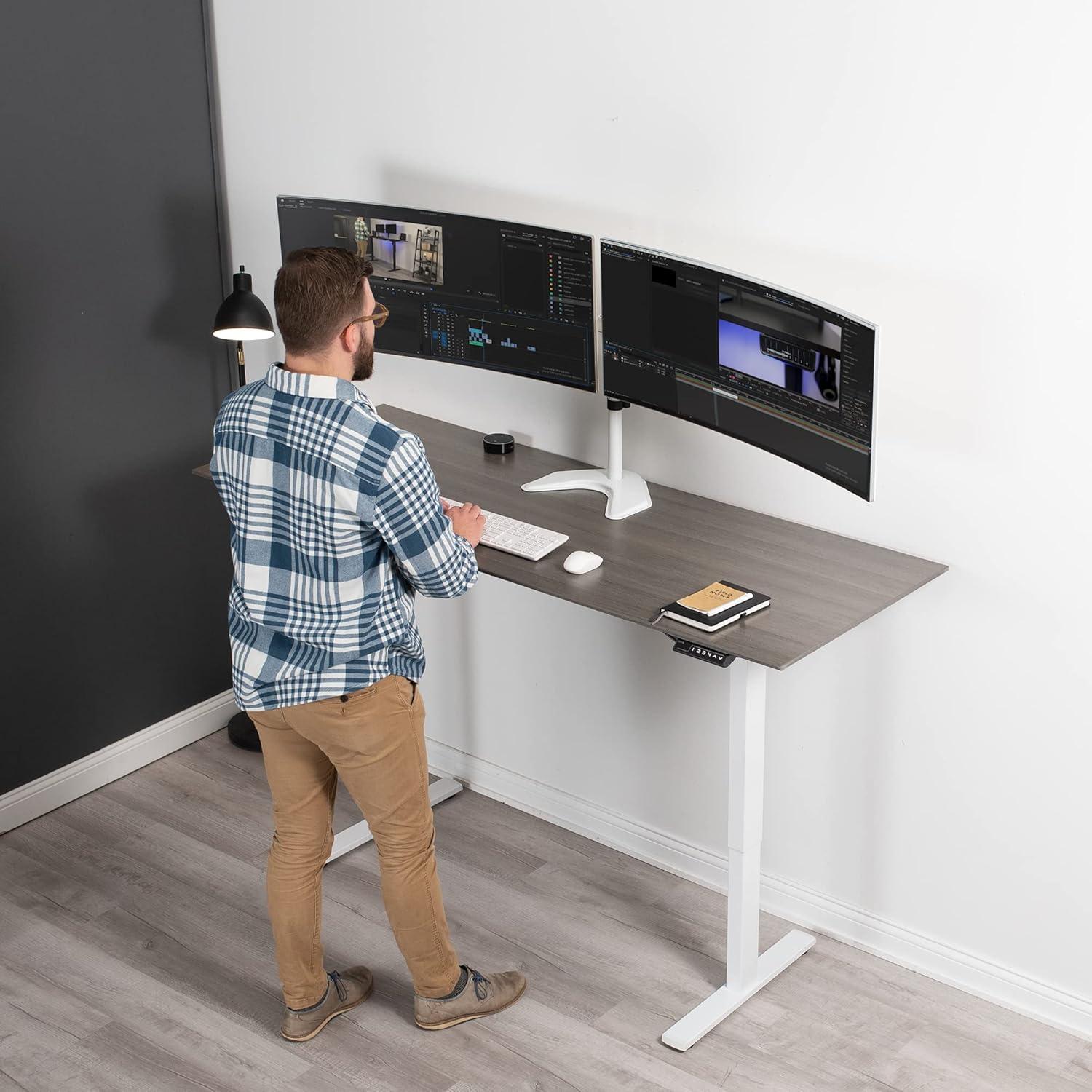 White Steel Dual Monitor Freestanding Desk Stand with Telescoping Arms