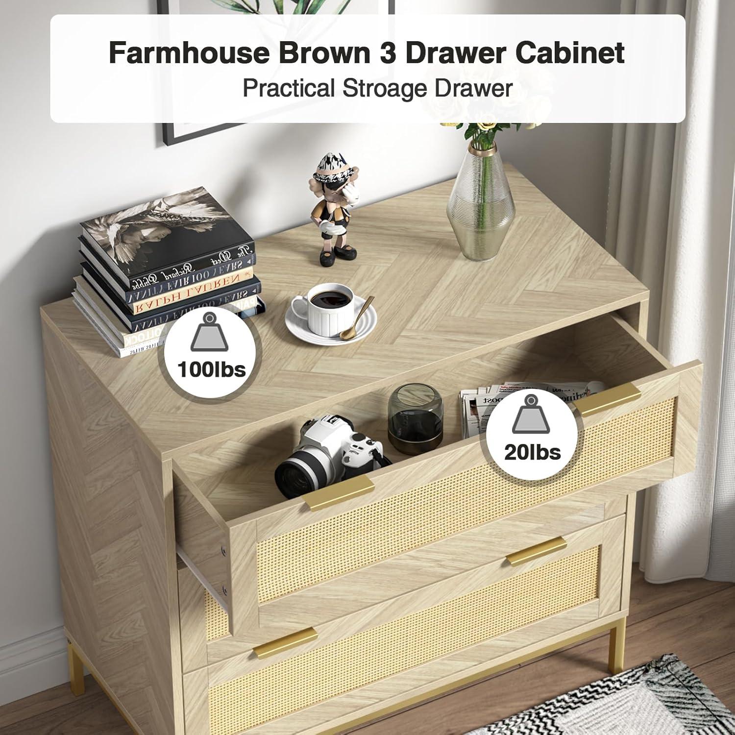 Anmytek 3 Drawer Cabinet for Bedroom, Oak Rattan Cabinet Closet Cabinet Chest of Drawers, Wood Cabinet 3 Drawer Storage Chest for Bedroom, Hallway, Nursery