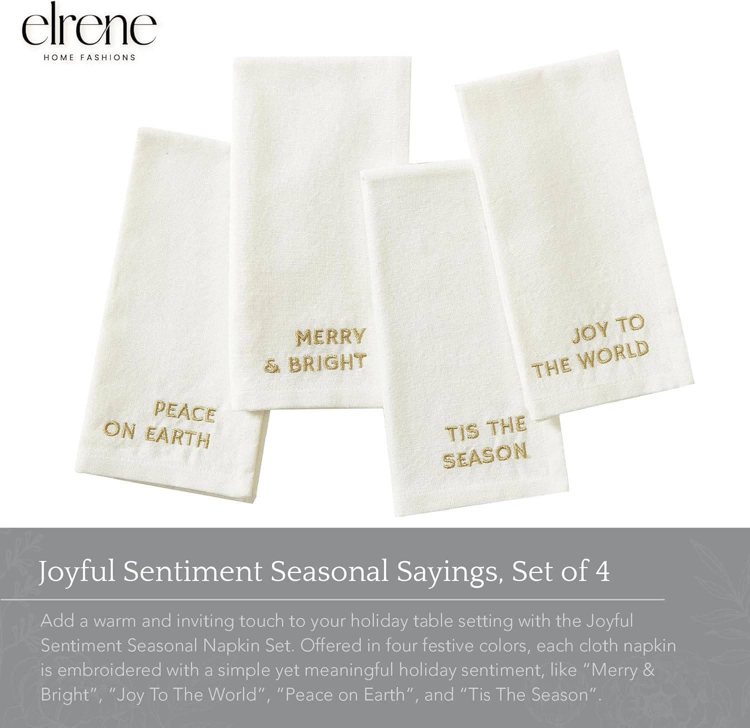 Elrene Joyful Sentiment Christmas/Holiday Embroidered Napkins, Set of 4 - 17" x 17" - Elrene Home Fashions