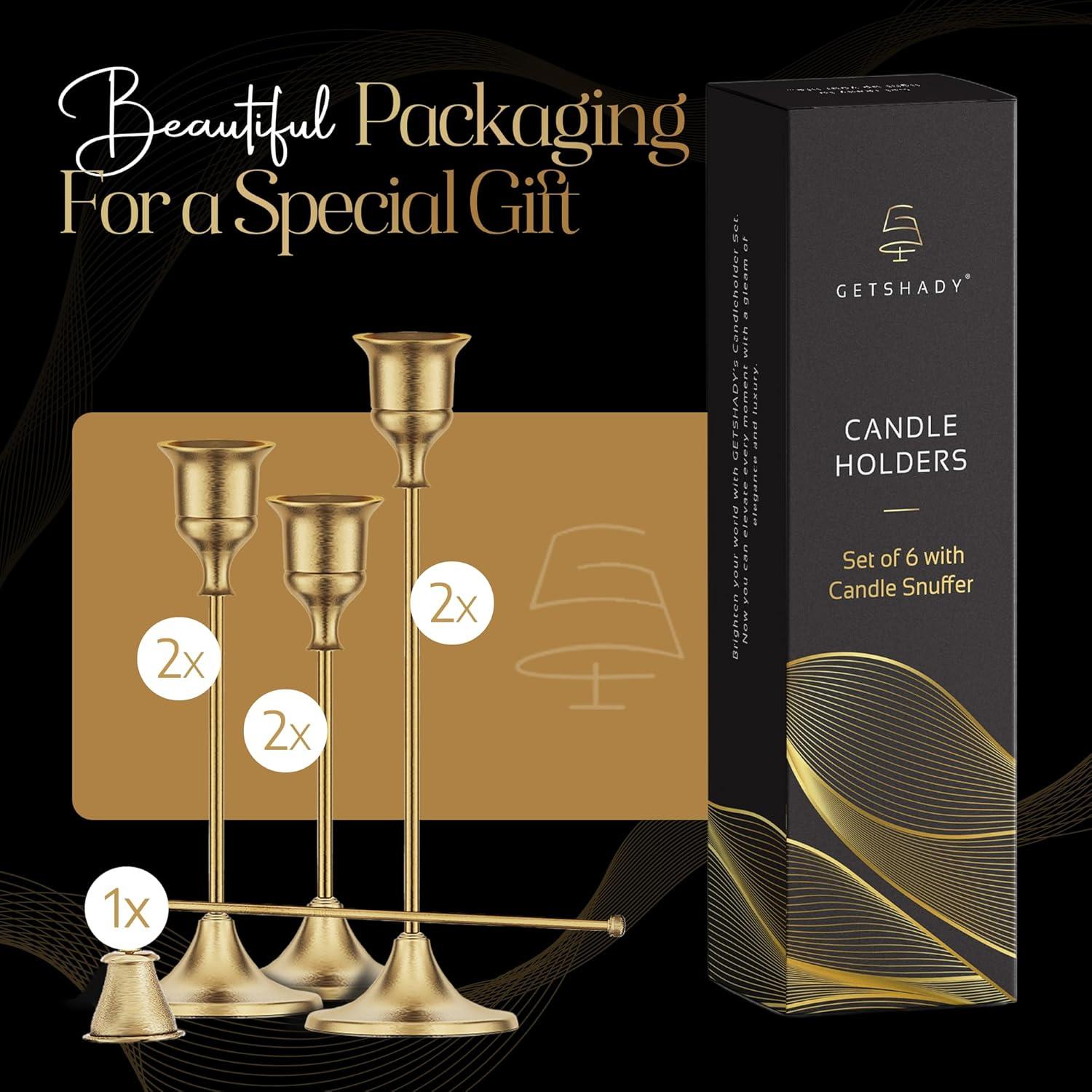 Candleholders For Taper Candlesticks Plus Candle Snuffer – Dining Table Décor Centrepiece - Brass Candelabra Candlestick Holder -  Décor For Home Weddings Celebrations Events (Set Of 6 Pcs)