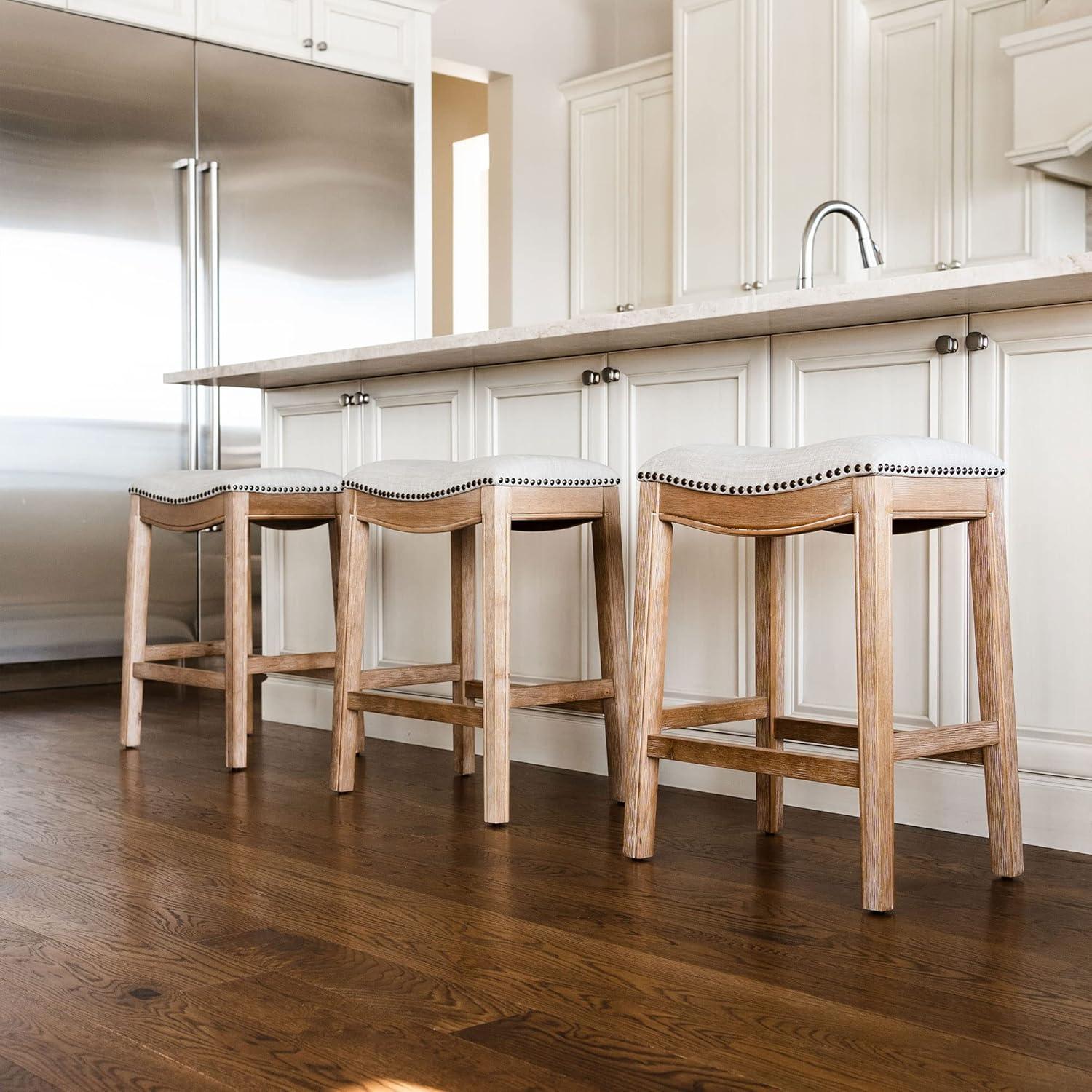 Reclaimed Oak Backless Saddle Stool Set in Weathered Finish