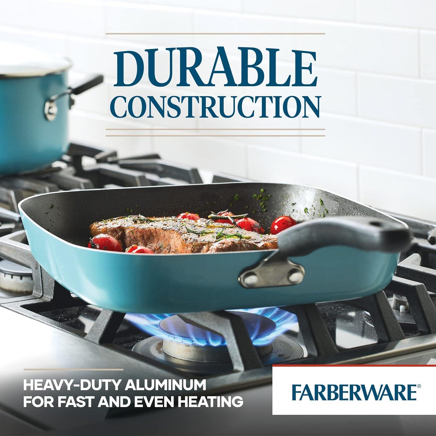 Farberware Cookstart DiamondMax Nonstick Square Deep Grill Pan/Griddle, Dishwasher Safe, 11 Inch - Aqua