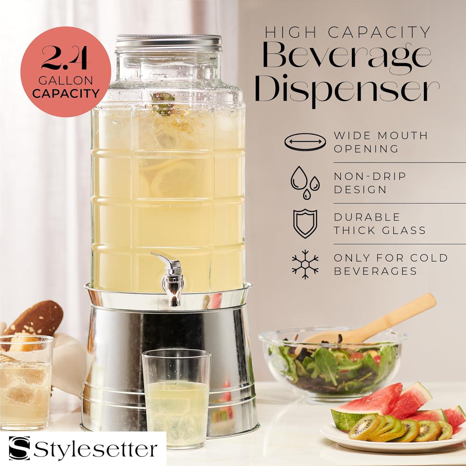 Clear Glass Beverage Dispenser with Galvanized Base and Infuser