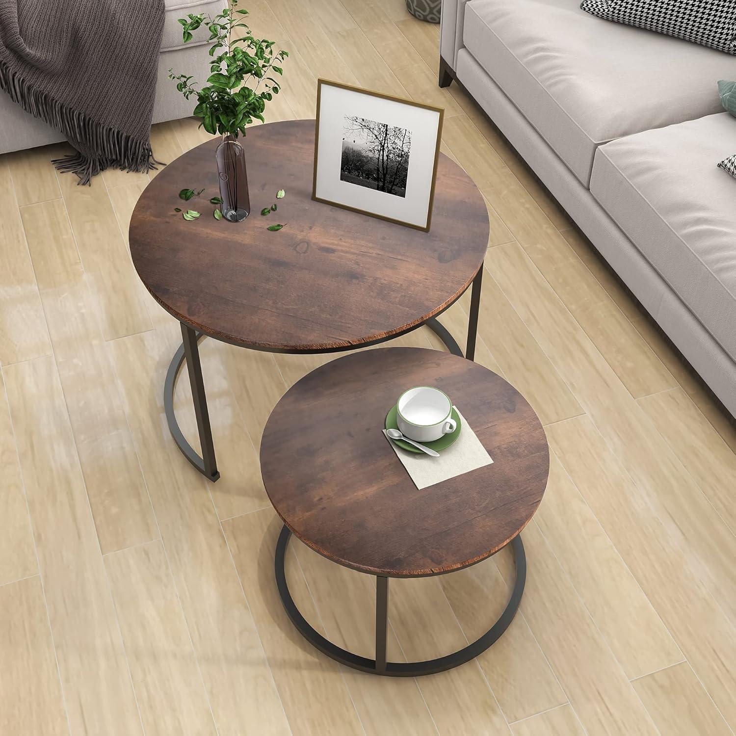 Industrial Round Coffee Table Set with Black Metal Frame and Rustic Brown Wood Look