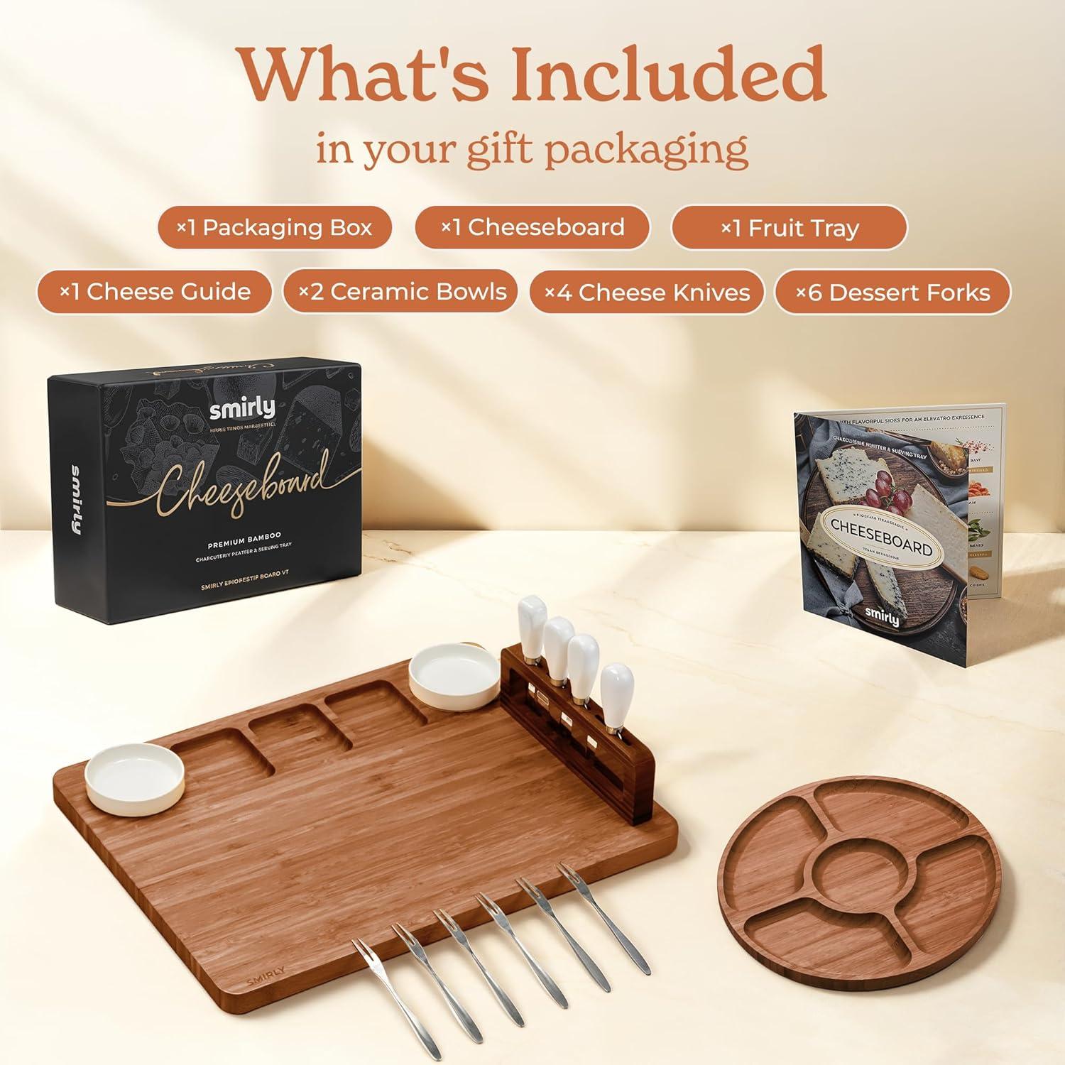 SMIRLY Charcuterie Board Set Large Bamboo Cheese Board with Fruit Tray & 2 Ceramic Bowls