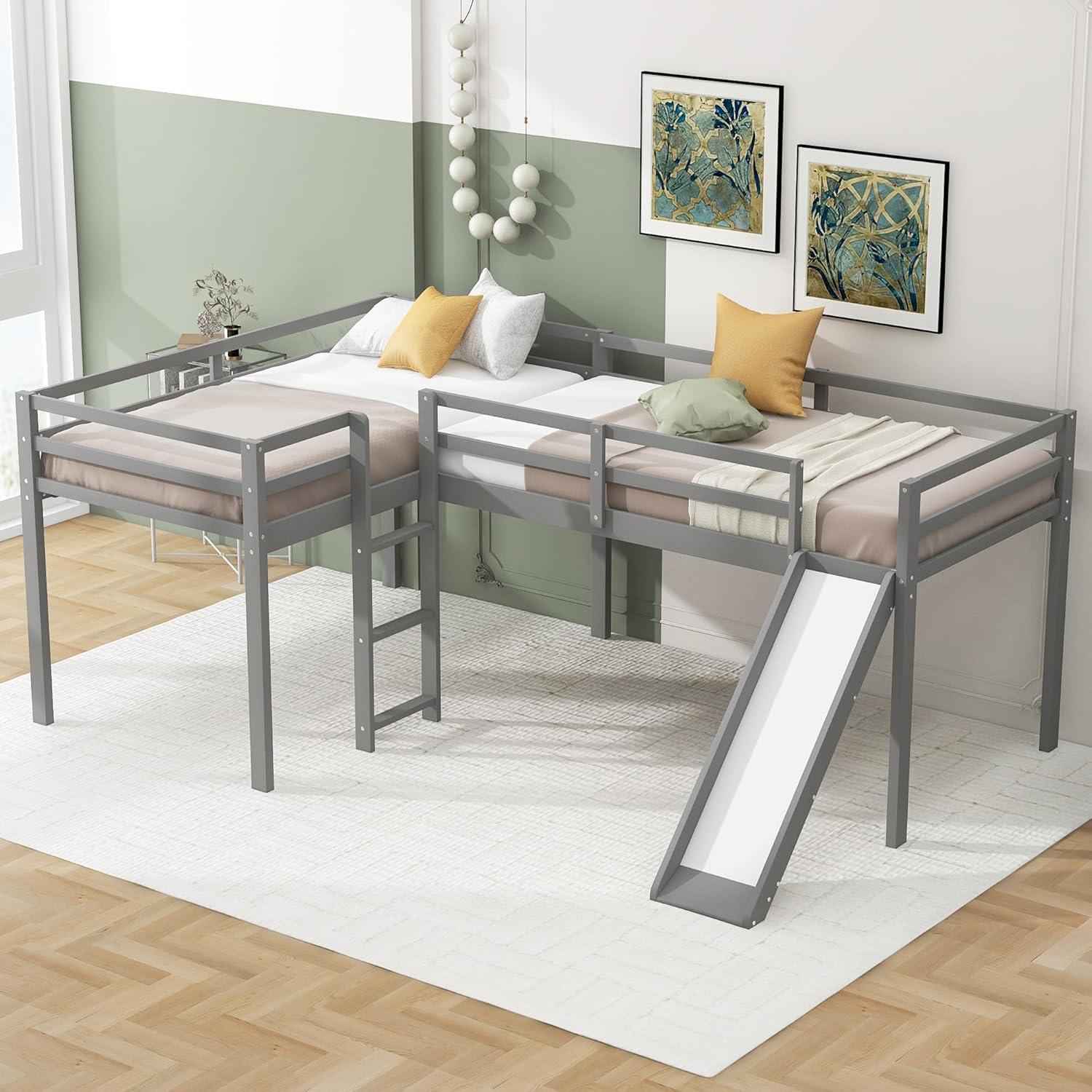 Harper & Bright Designs L-Shaped Loft Bed with Slide, Wooden Low Loft Beds for 2 Kids, Twin Size Low Loft Bed with Built-in Ladders, Gray