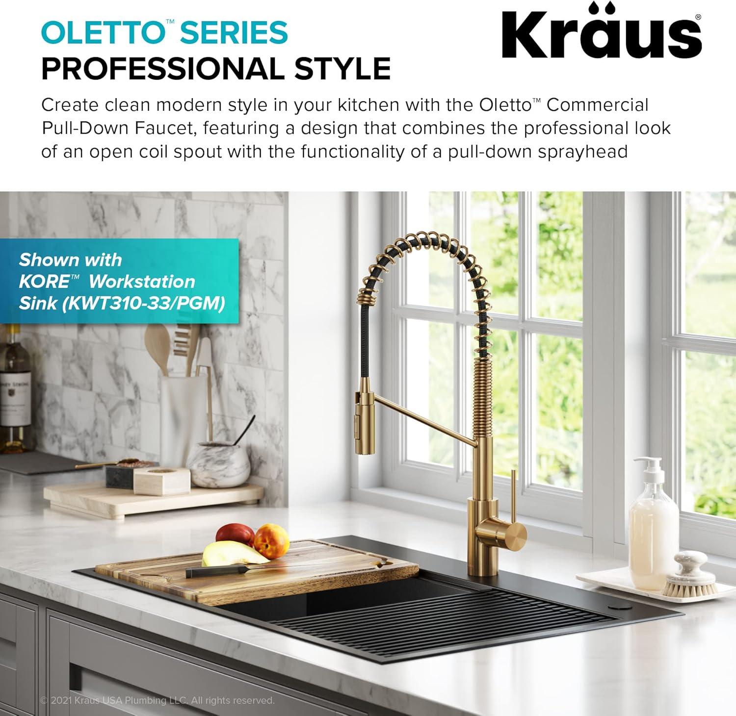 KRAUS Oletto Commercial Style Single Handle Pull Down Kitchen Faucet with QuickDock Top Mount Installation Assembly in Brushed Brass