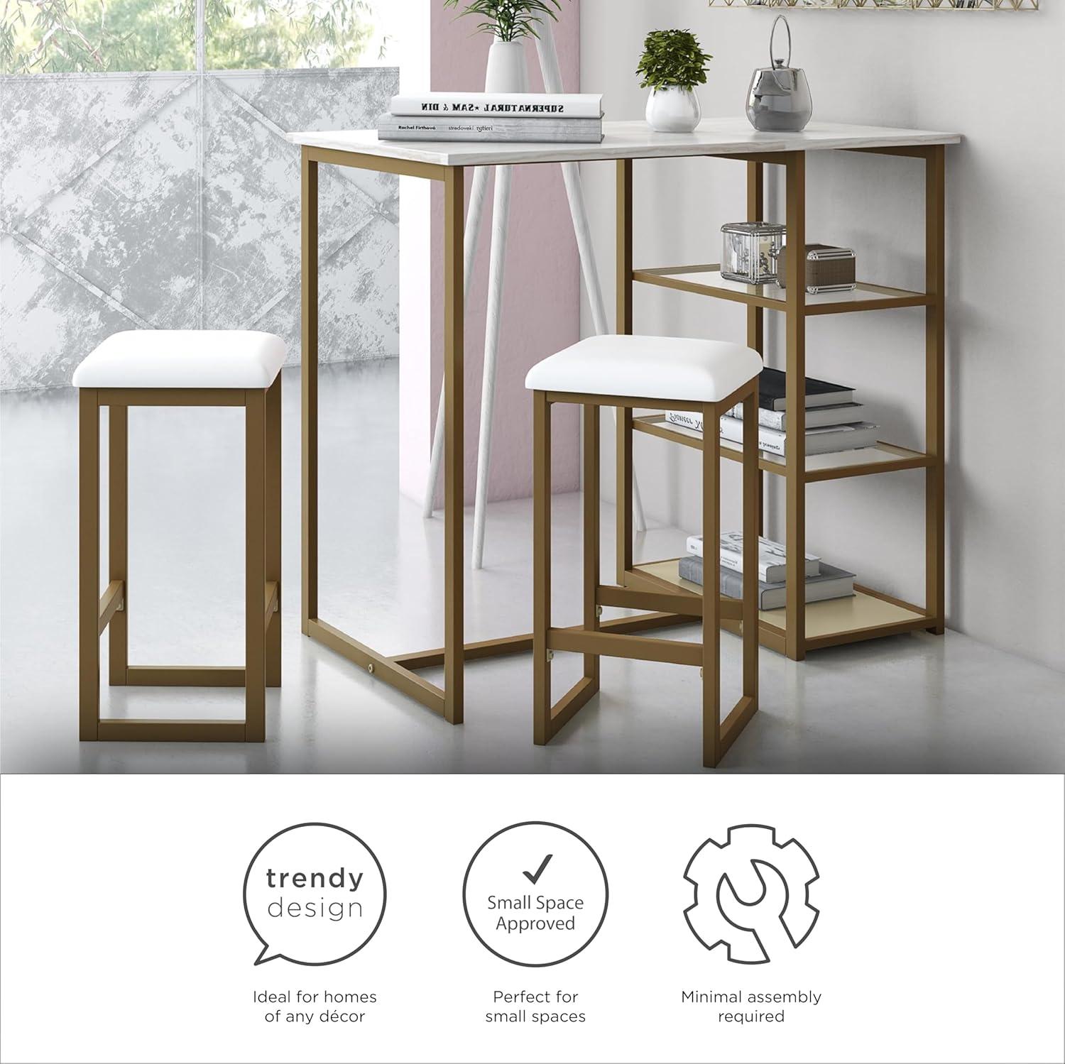 DHP Tanner 3-Piece Brass Counter Height Set with Faux Marble Top, White