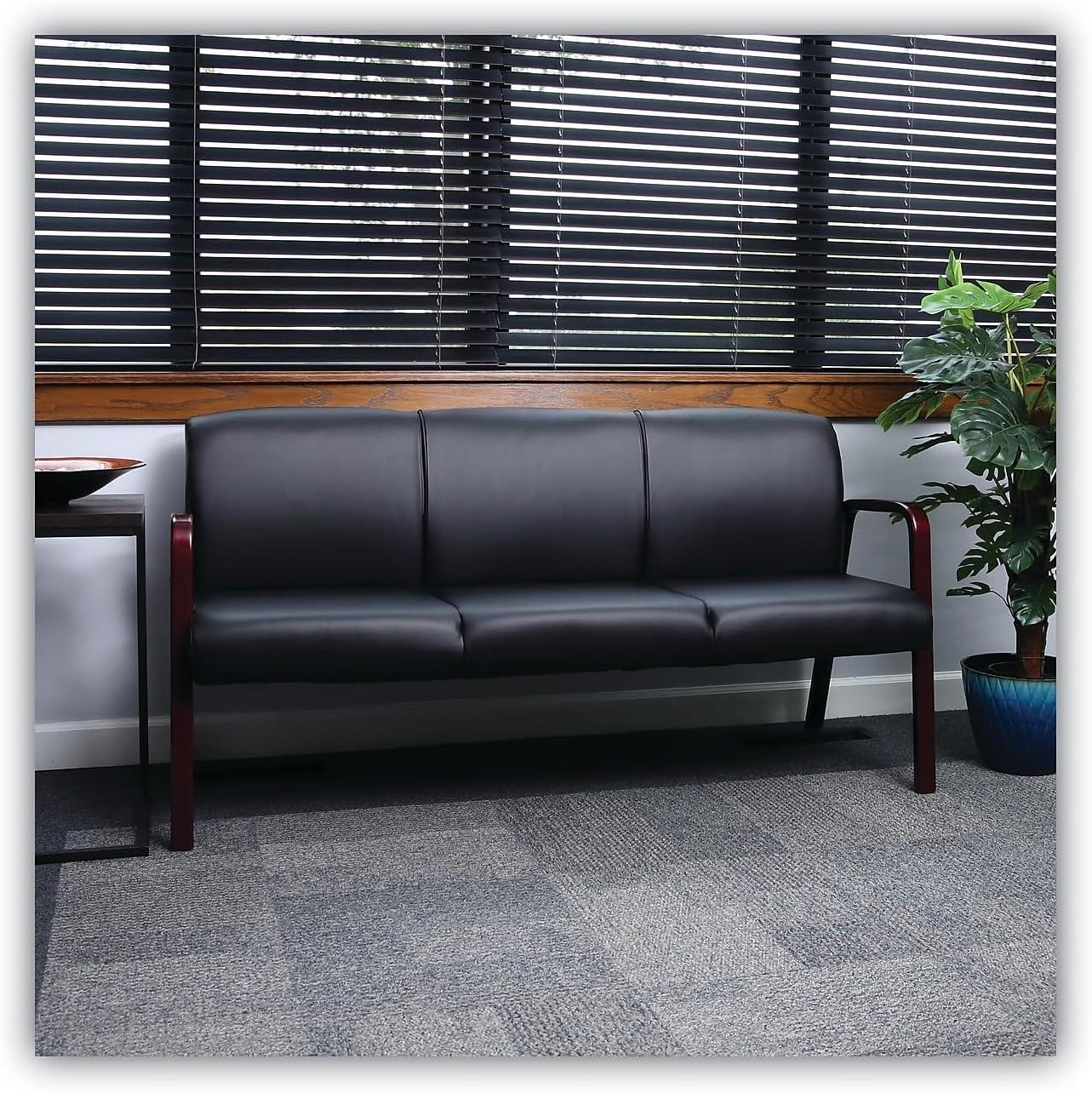 Black Faux Leather Reception Sofa with Mahogany Wood Frame