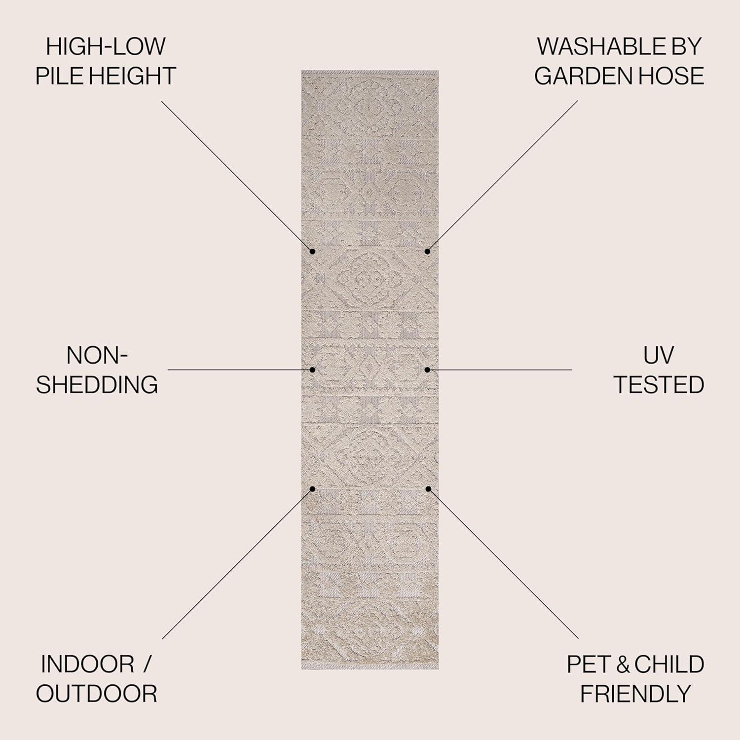 2'x8' Citta High-Low Pile Mediterranean Tile Indoor/Outdoor Runner Rug, Beige - JONATHAN Y