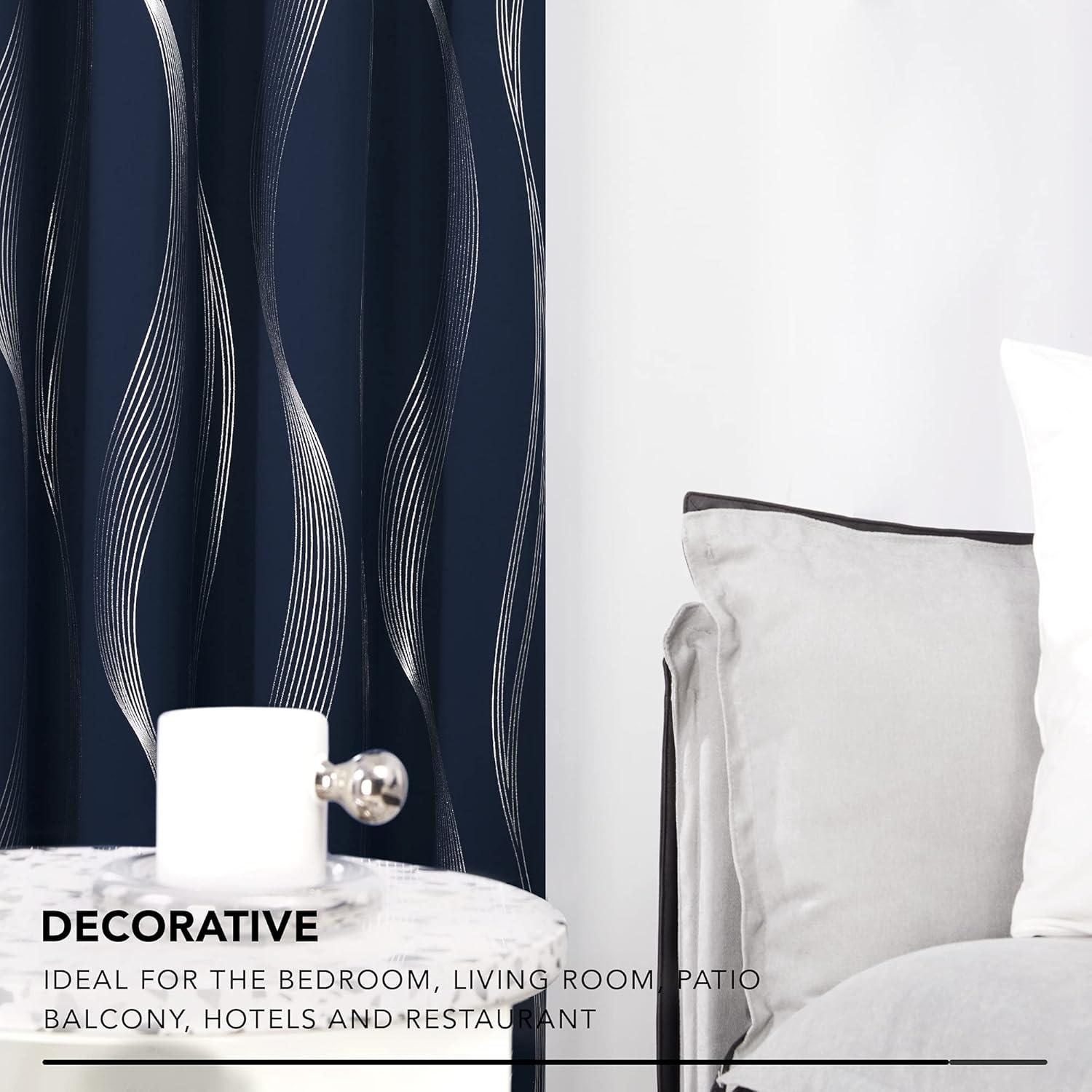 Deconovo Grommet Wave Line Foil Printed Thermal Insulated Blackout Curtains for Children 2 Panels 52x84 inch Navy Blue