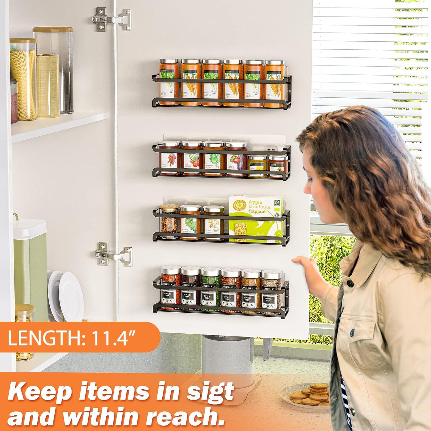 Spice Rack wall mounted 4 Pack, Space-Saving Spice Organizer for Spice Jars and Seasonings,Screw or Adhesive Hanging Spice Rack Organizer for Your Kitchen Cabinet,or Pantry Door
