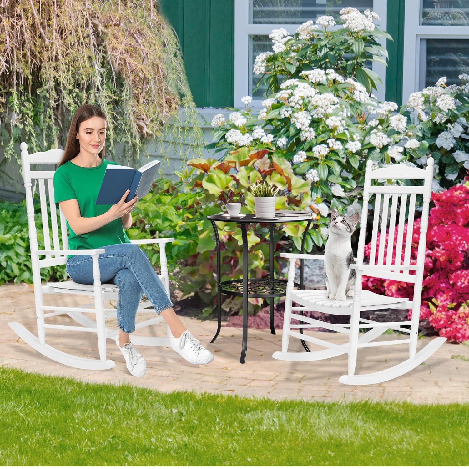 UBesGoo 2 Pack Wood Rocking Chair, r Solid Wood High Back Seat Reclining Seat for Deck, Garden, Backyard, Porch, Indoor or Outdoor Use, White