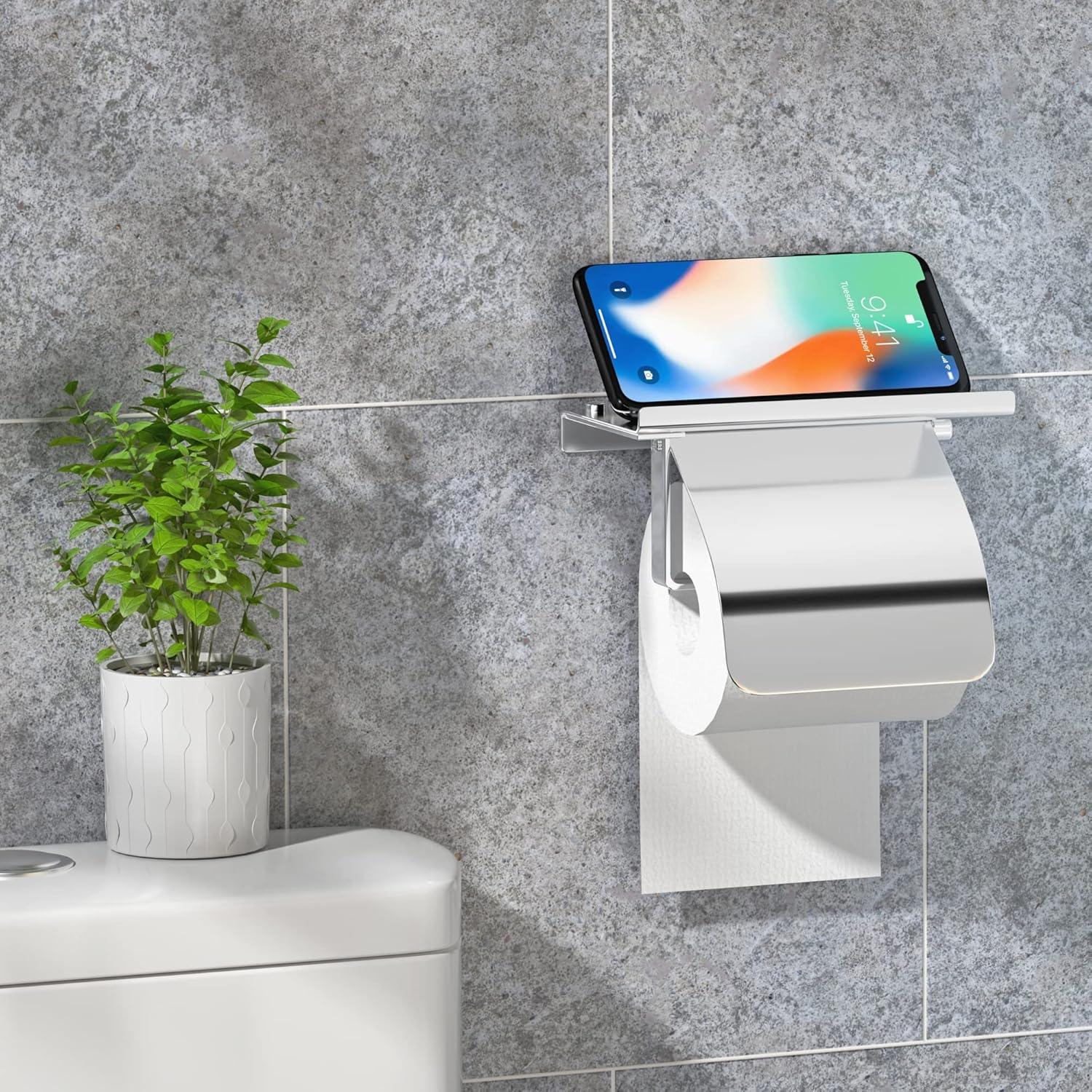 Polished Chrome Stainless Steel Toilet Paper Holder with Phone Shelf