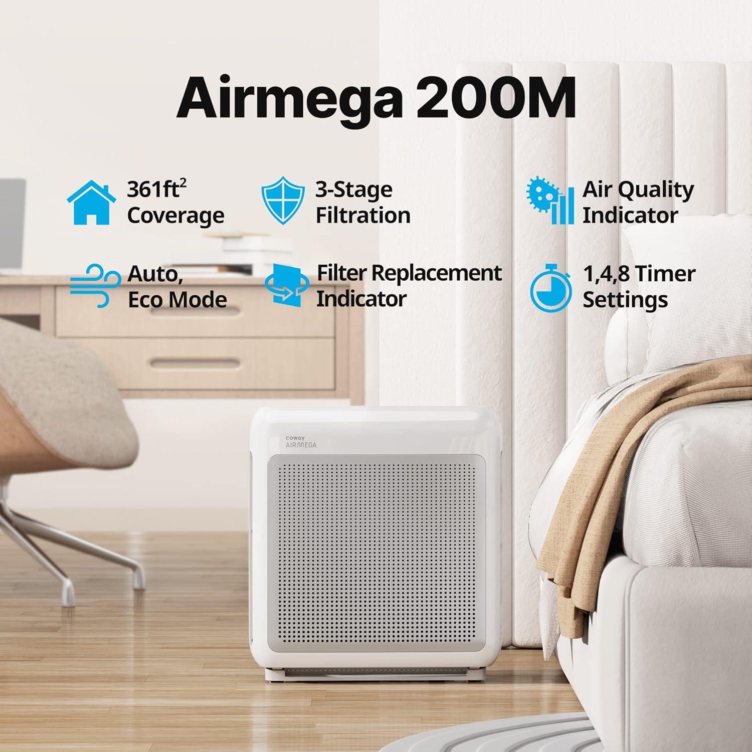Coway Air Purifier Airmega 200M True HEPA with 361 sq. ft. Coverage in White