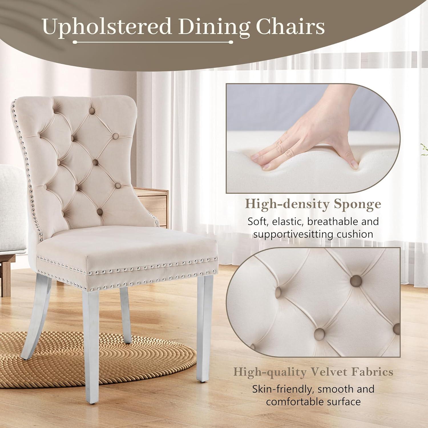 ODUSE-DAILY Velvet Dining Chairs Set of 6, Kitchen & Dining Room Chairs, Nailheads Tufted Chair, Sillas De Comedor, Two-Tone Fabric Upholstered, Wood Legs (Beige & Patterned, 6 Pcs)