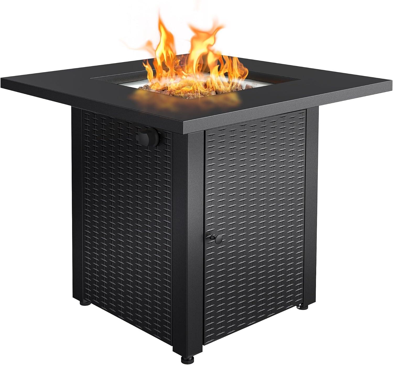 Black Square Gas Fire Pit Table with Wicker Base