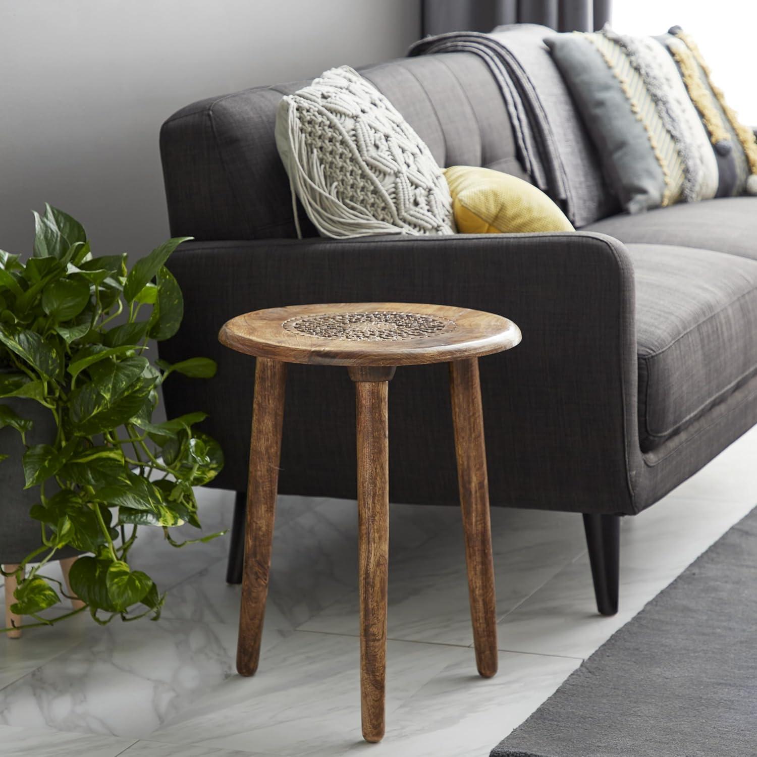 Handcrafted Dark Brown Mango Wood Floral Carved Round Accent Table