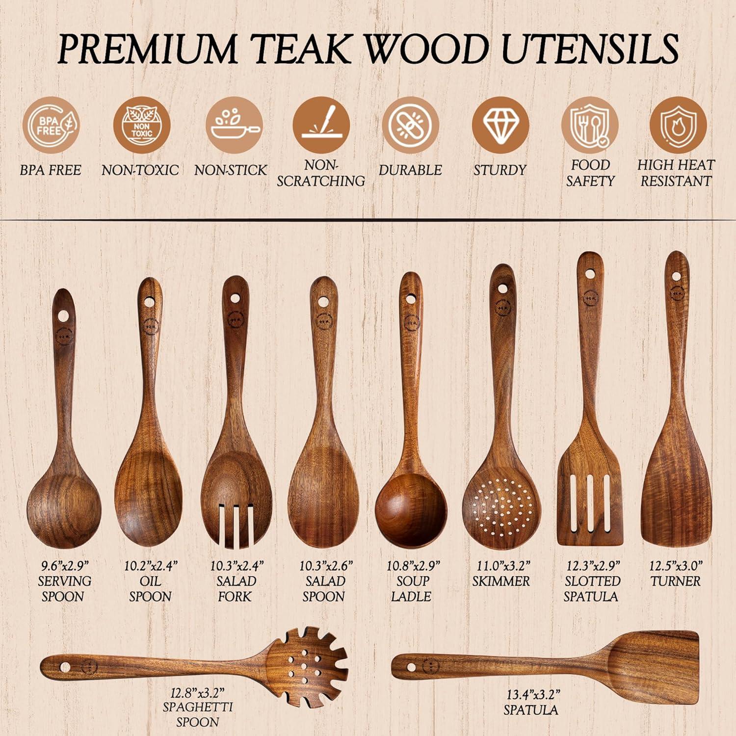 Wooden Spoons for Cooking, 10 Pcs Teak Wood Cooking Utensil Set ‚ Wooden Kitchen Utensils for Nonstick Pans & Cookware ‚ Sturdy, Lightweight & Heat Resistant