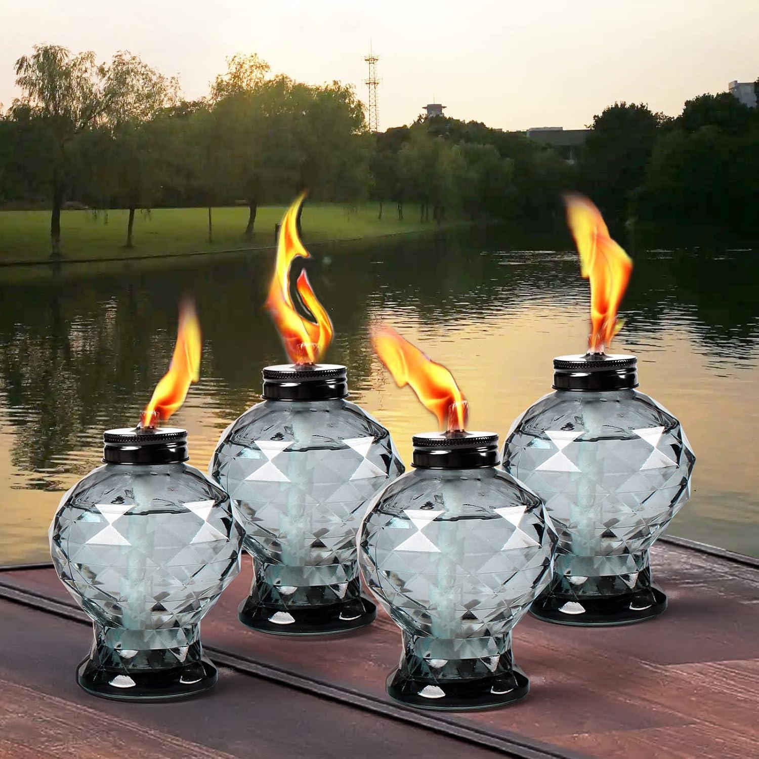 TRAHOO-4 Pack Glass Table Top Light Torches for Outside, Easy to Refill Glass Citronella Torches Outdoor Lanterns, Wick and Cap Included Torch for Garden Patio Yard Party
