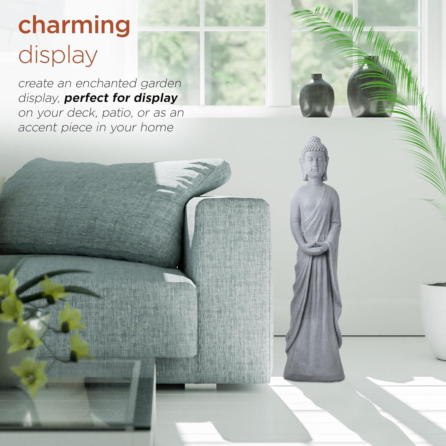 32" Magnesium Oxide Standing Buddha Statue Gray - Alpine Corporation: Outdoor Decor, Garden Accent