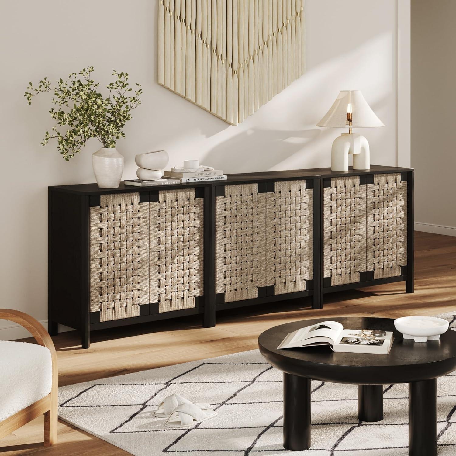 Nathan James Rustic Wood TV Stand Cabinet With Seagrass Door Panels