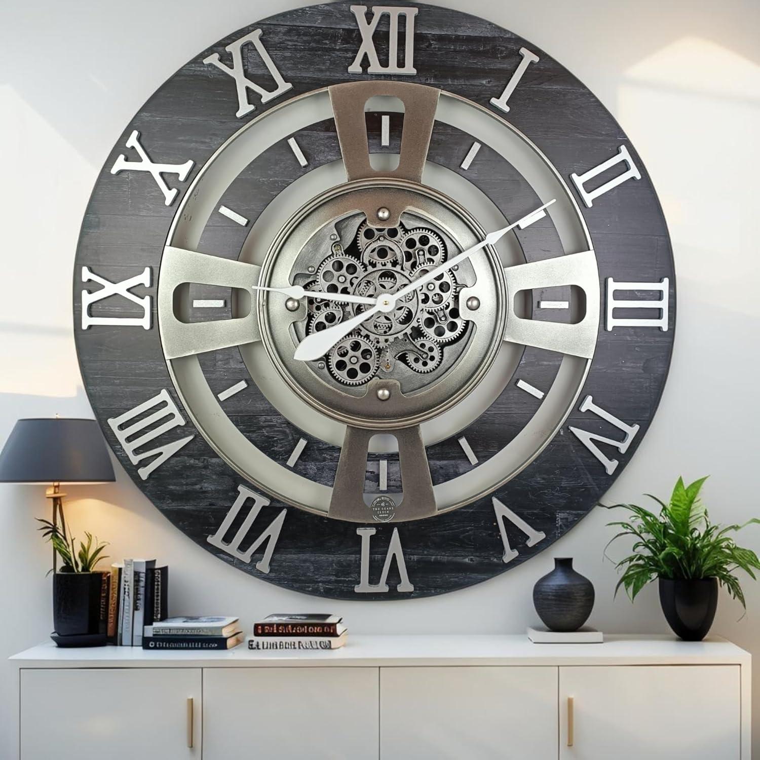 THE GEARS CLOCK Wall Clock with Real Moving Gears EN-LI_ 36 in Round Vintage-Black