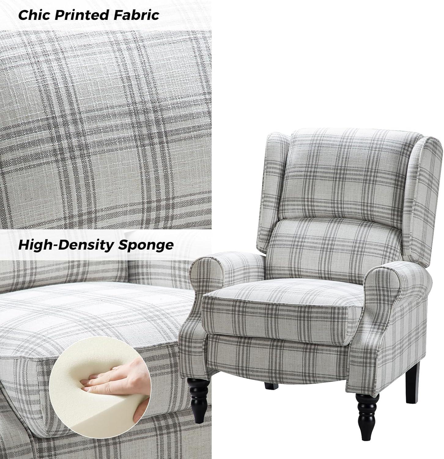 Grey Plaid Upholstered Wingback Recliner with Black Rubber Wood Legs