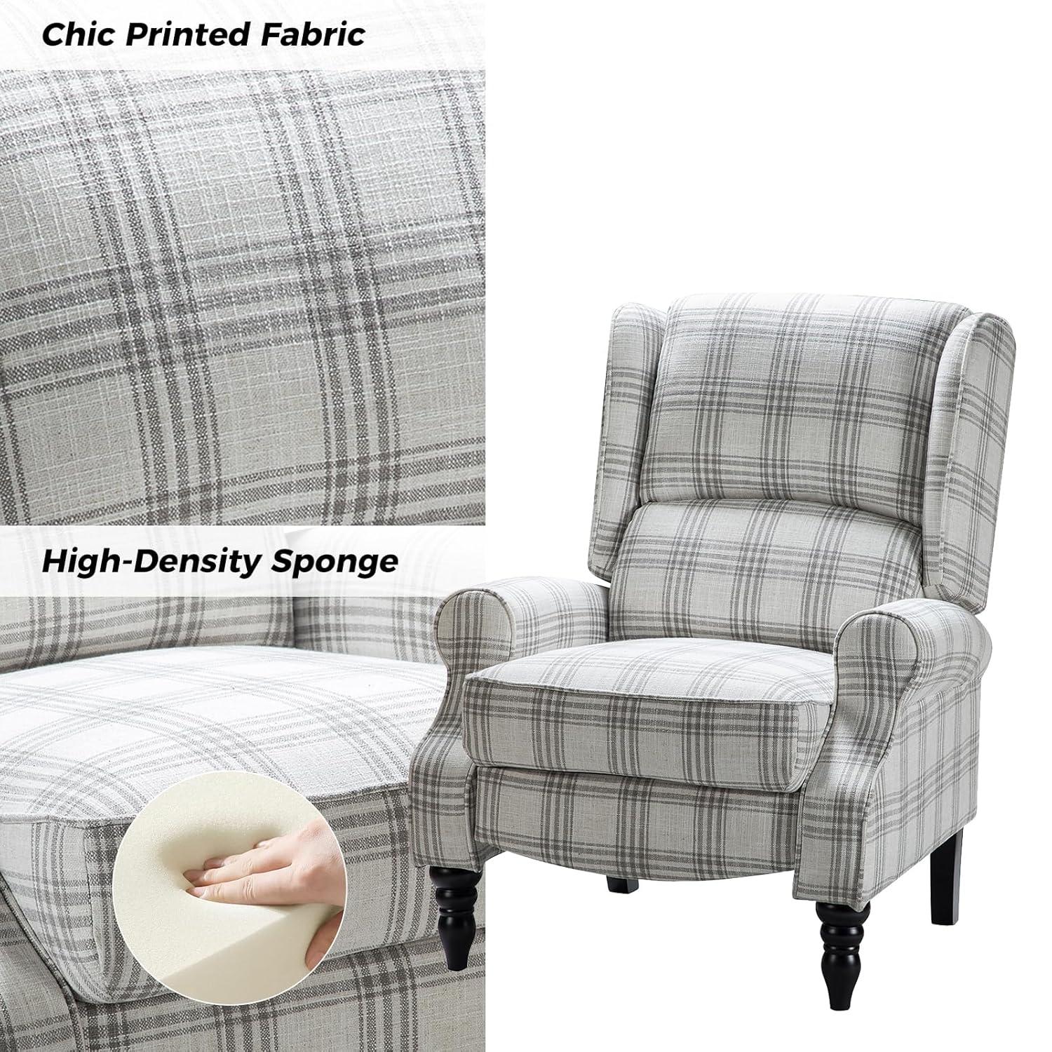 Grey Plaid Upholstered Wingback Recliner with Black Rubber Wood Legs