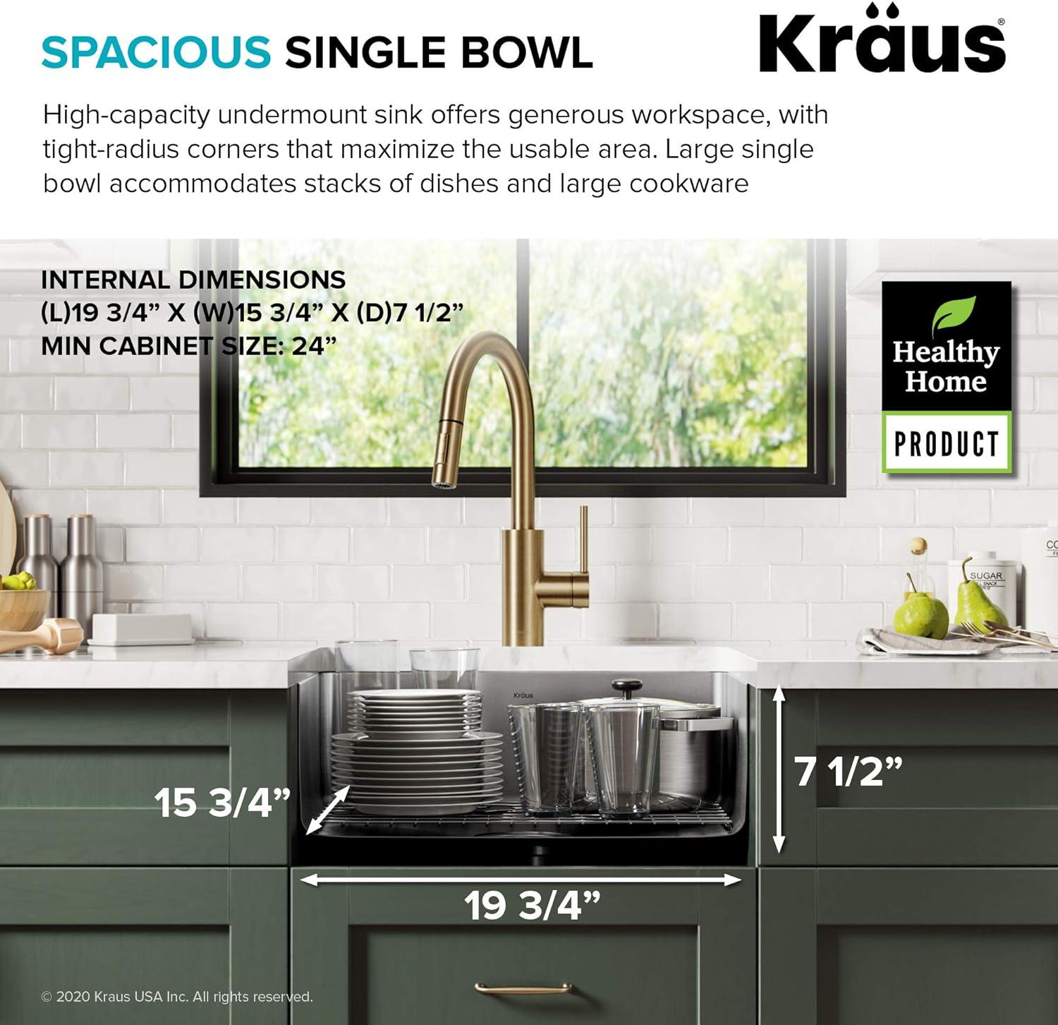 Dex™️ Series KRAUS 21" L Undermount 16 Gauge Stainless Steel Single Bowl Kitchen Sink