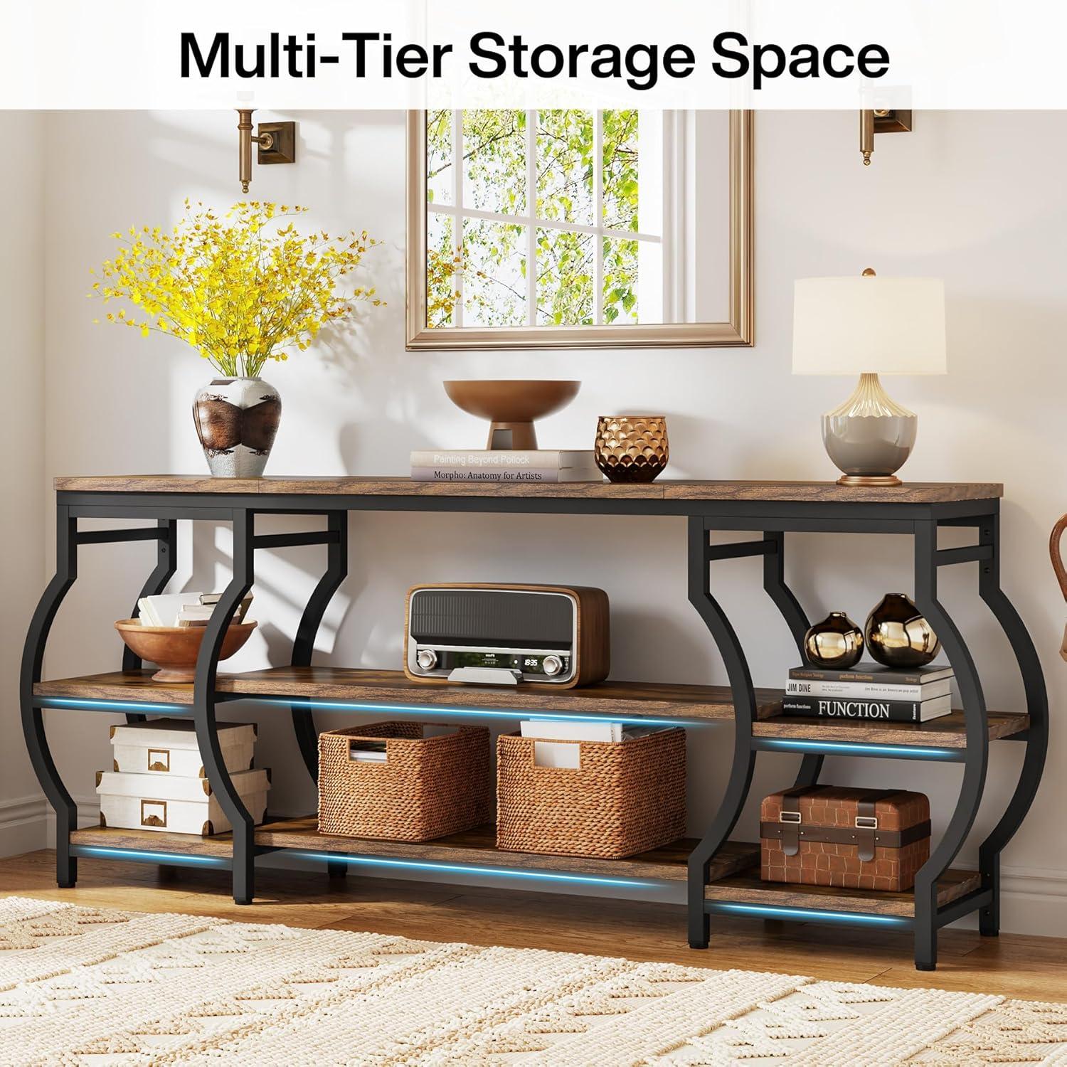63'' Rustic Wood and Metal 3-Tier Console Table with Storage Shelves