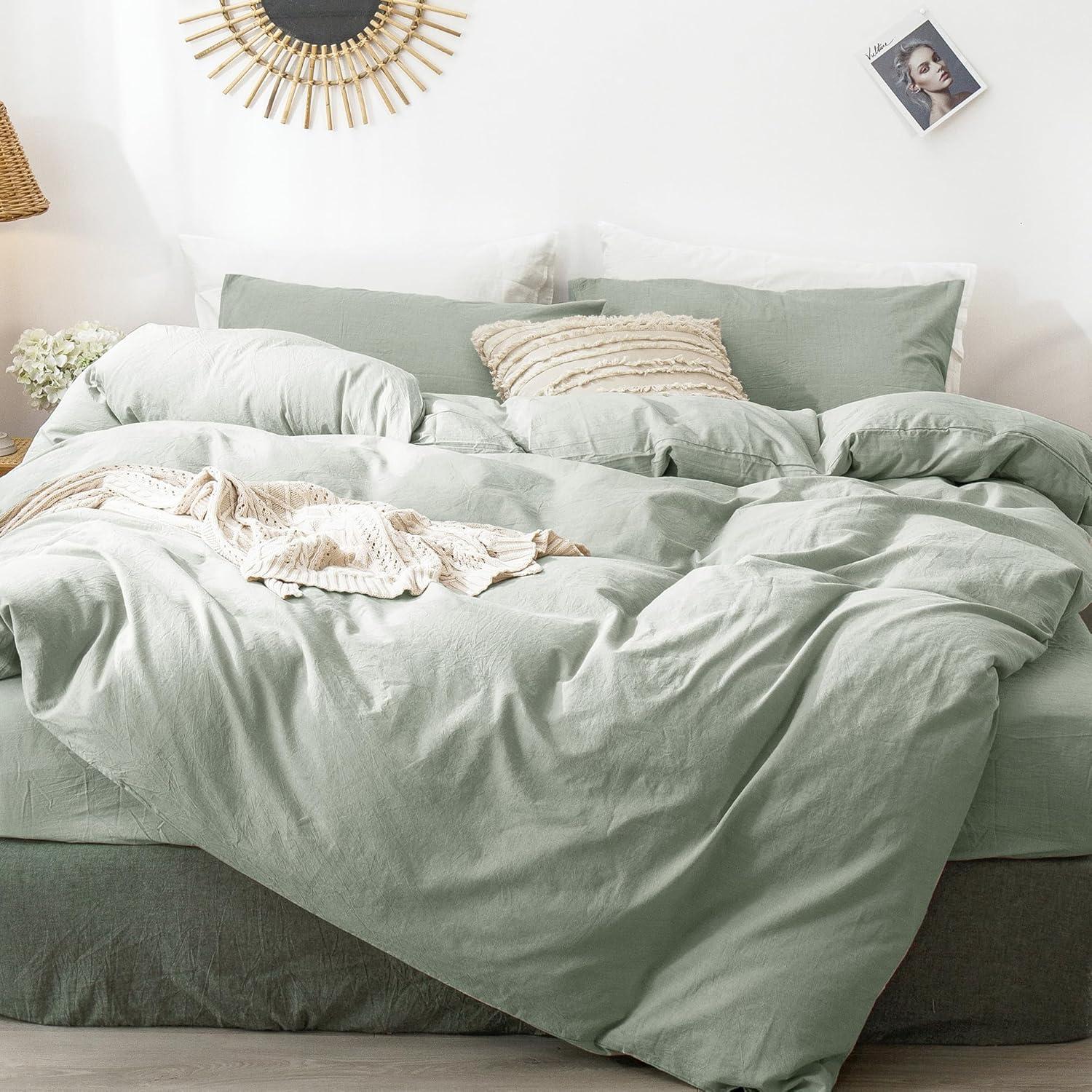 Sage Green King Linen-Like Cotton Duvet Cover Set